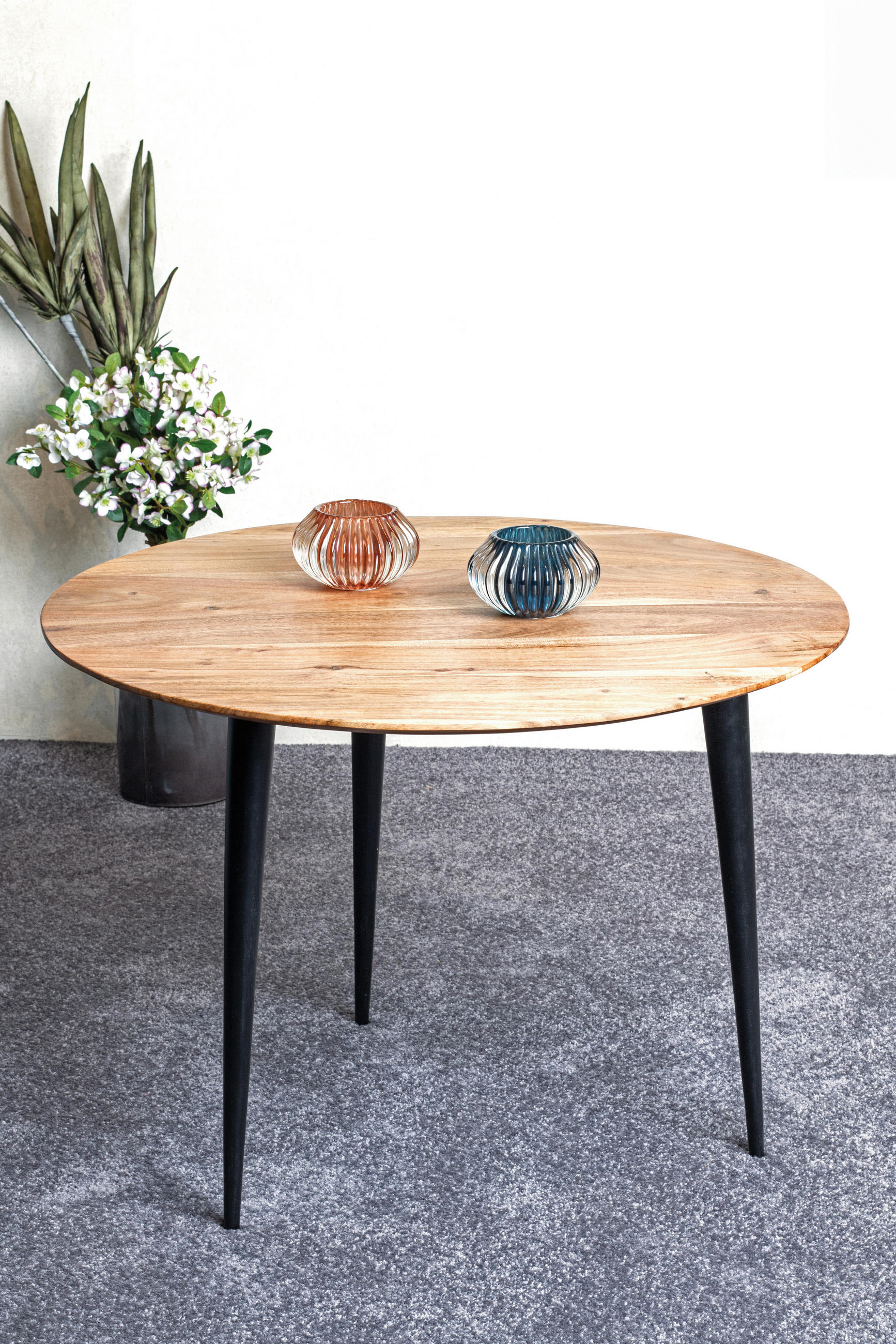 BEISTELLTISCH 65/65/46 cm Akazie massiv Schwarz, Akaziefarben rund  - Schwarz/Akaziefarben, KONVENTIONELL, Holz/Metall (65/65/46cm)