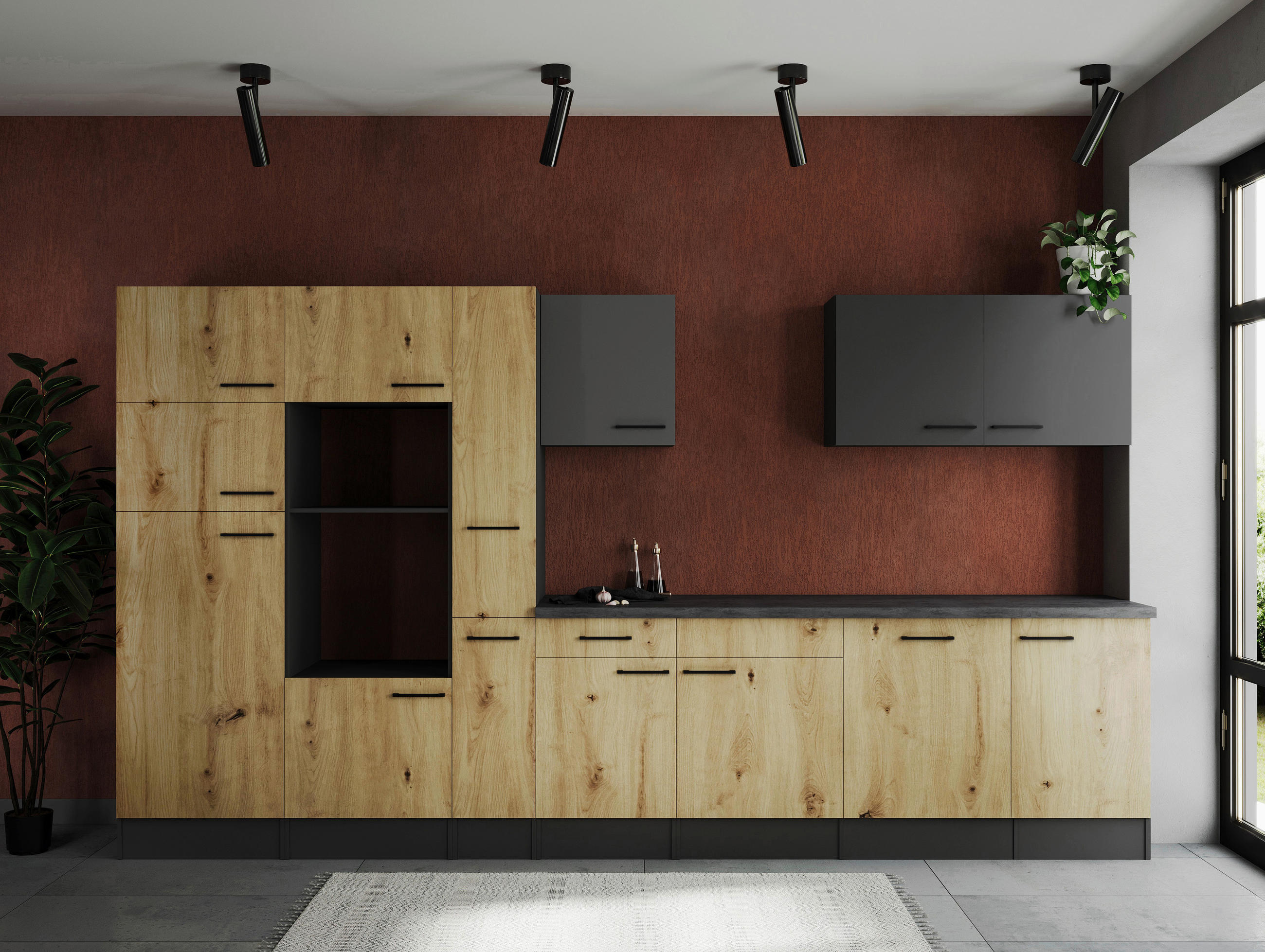 MODULKÖK UTAN VITVAROR 370 cm   i grå, ek Artisan  - svart/grå, Design, metall/trämaterial (370cm) - Respekta