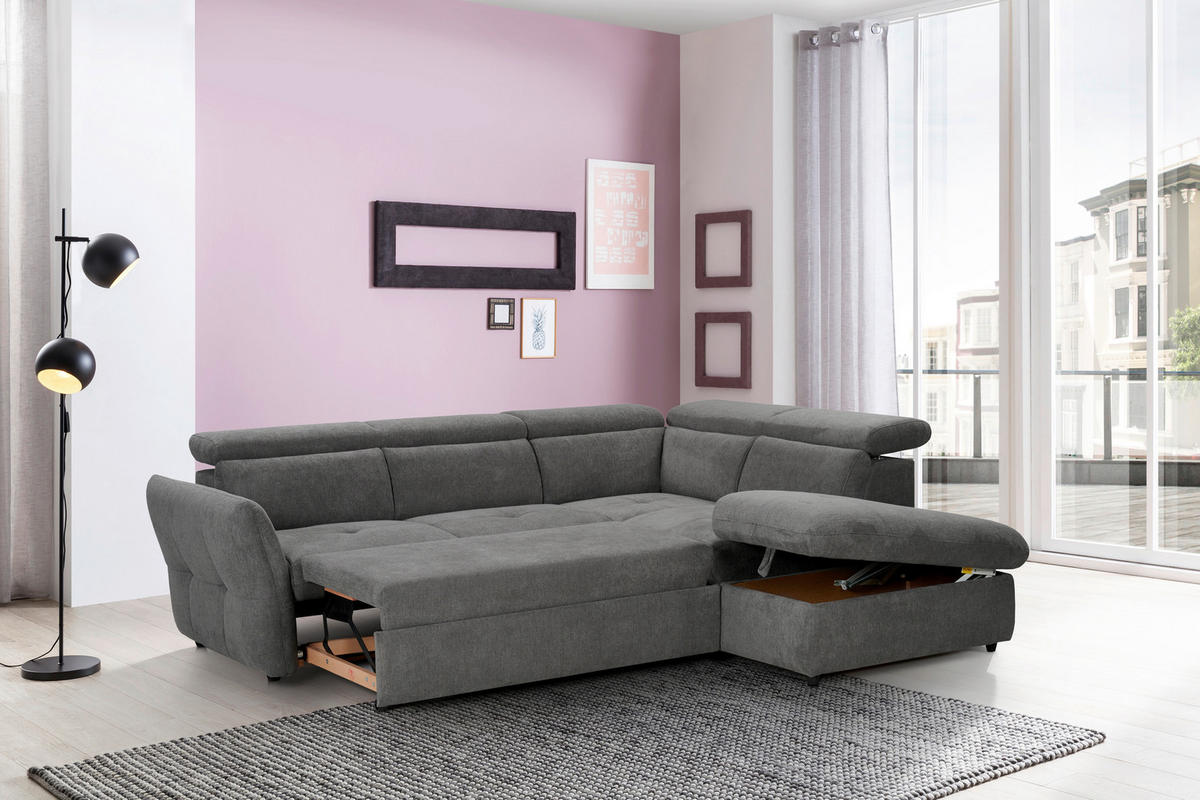 ECKSOFA in Mikrofaser Graubraun  - Graubraun/Schwarz, Design, Kunststoff/Textil (254/224cm) - Livetastic
