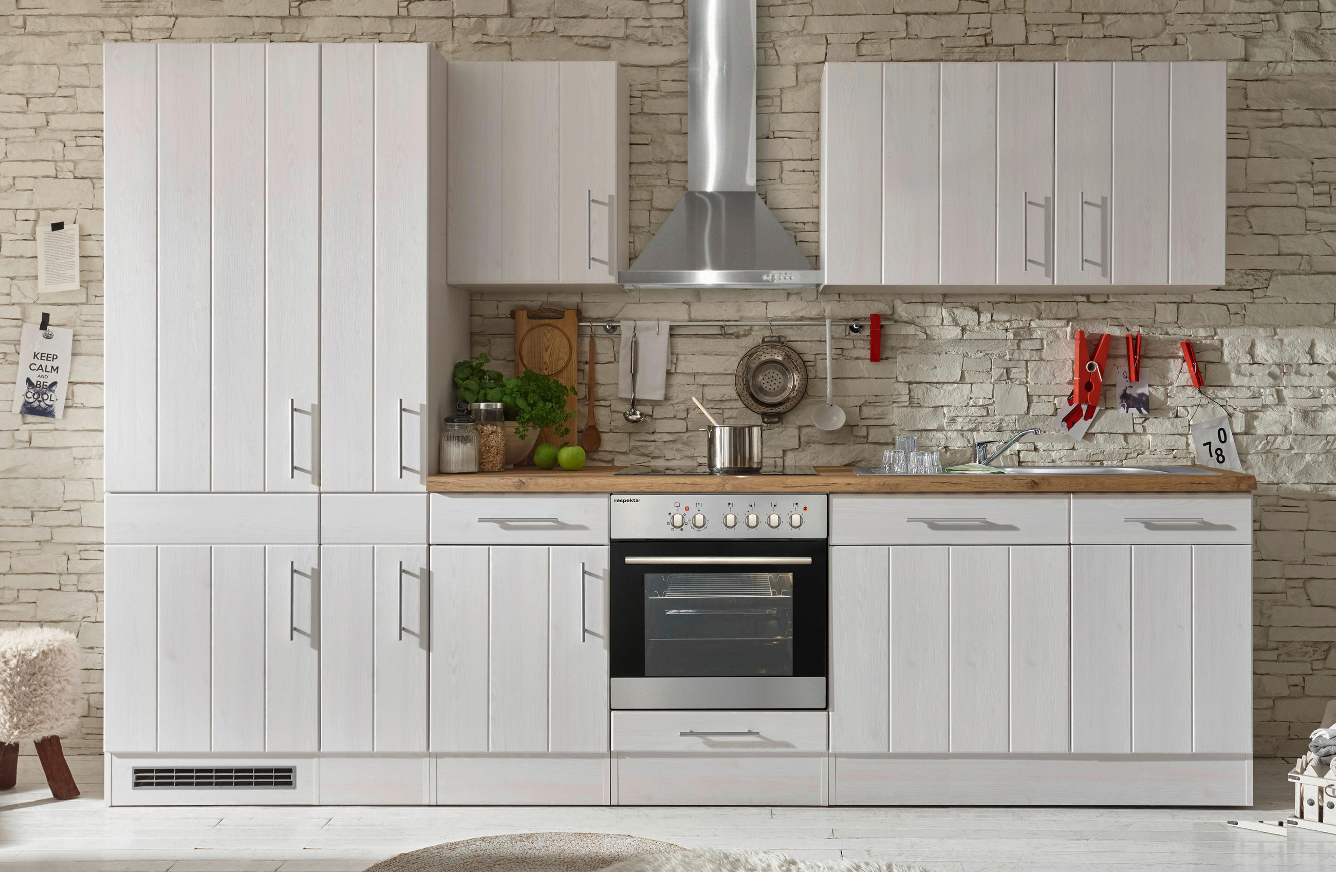 KÜCHENBLOCK 310 cm Weiß, Lärchefarben E-Geräte, Spüle, Soft-Close-System, Geschirrspüler, Geschirrspülerblende, Dunstabzug, Ab- und Überlaufgarnitur - Wildeiche/Edelstahlfarben, ROMANTIK / LANDHAUS, Metall (310cm) - Respekta