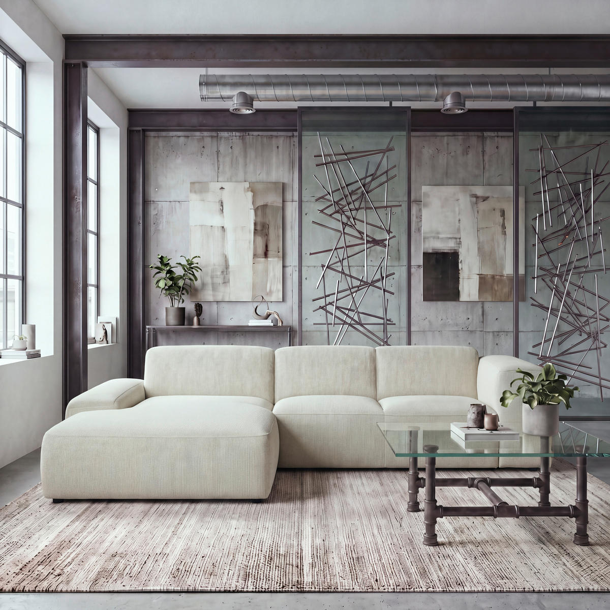 ECKSOFA HANNAH Beige Cord  - Beige/Schwarz, Design, Kunststoff/Textil (200/304cm) - MID.YOU