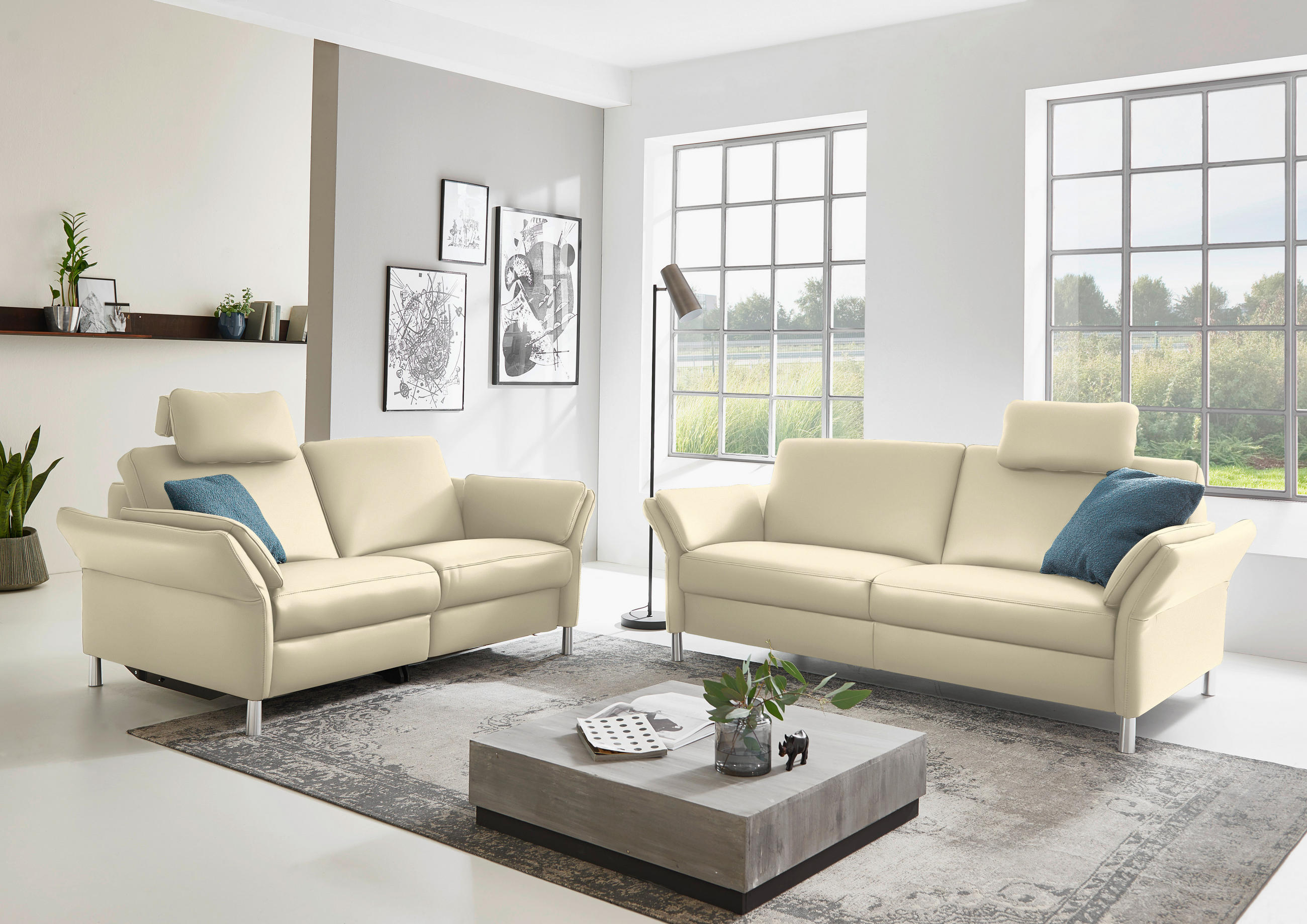 2,5-SITZER in Echtleder Ecru  - Ecru/Alufarben, Design, Leder/Metall (164/82/99cm) - Dieter Knoll