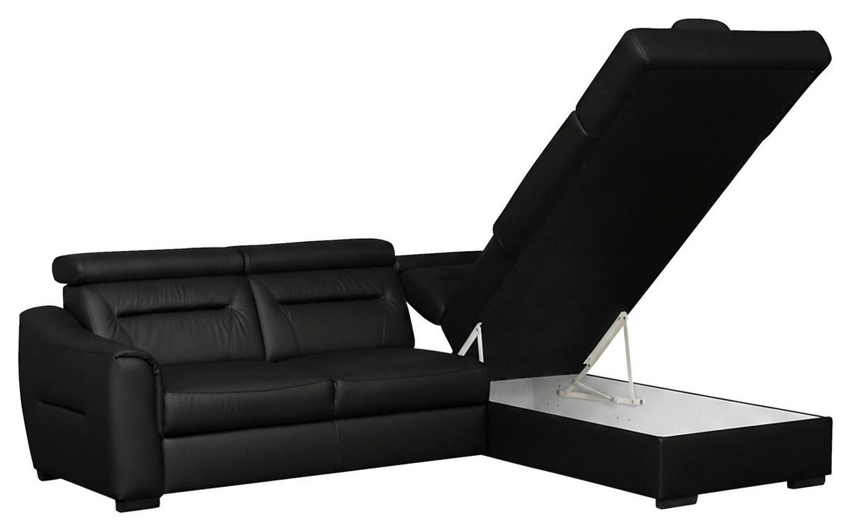 ECKSOFA Schwarz Echtleder Lederlook Bettkasten, Schlaffunktion, Rücken echt, Kopfteilverstellung  - Wengefarben/Schwarz, Design, Leder/Holz (260/212cm) - Celina Home