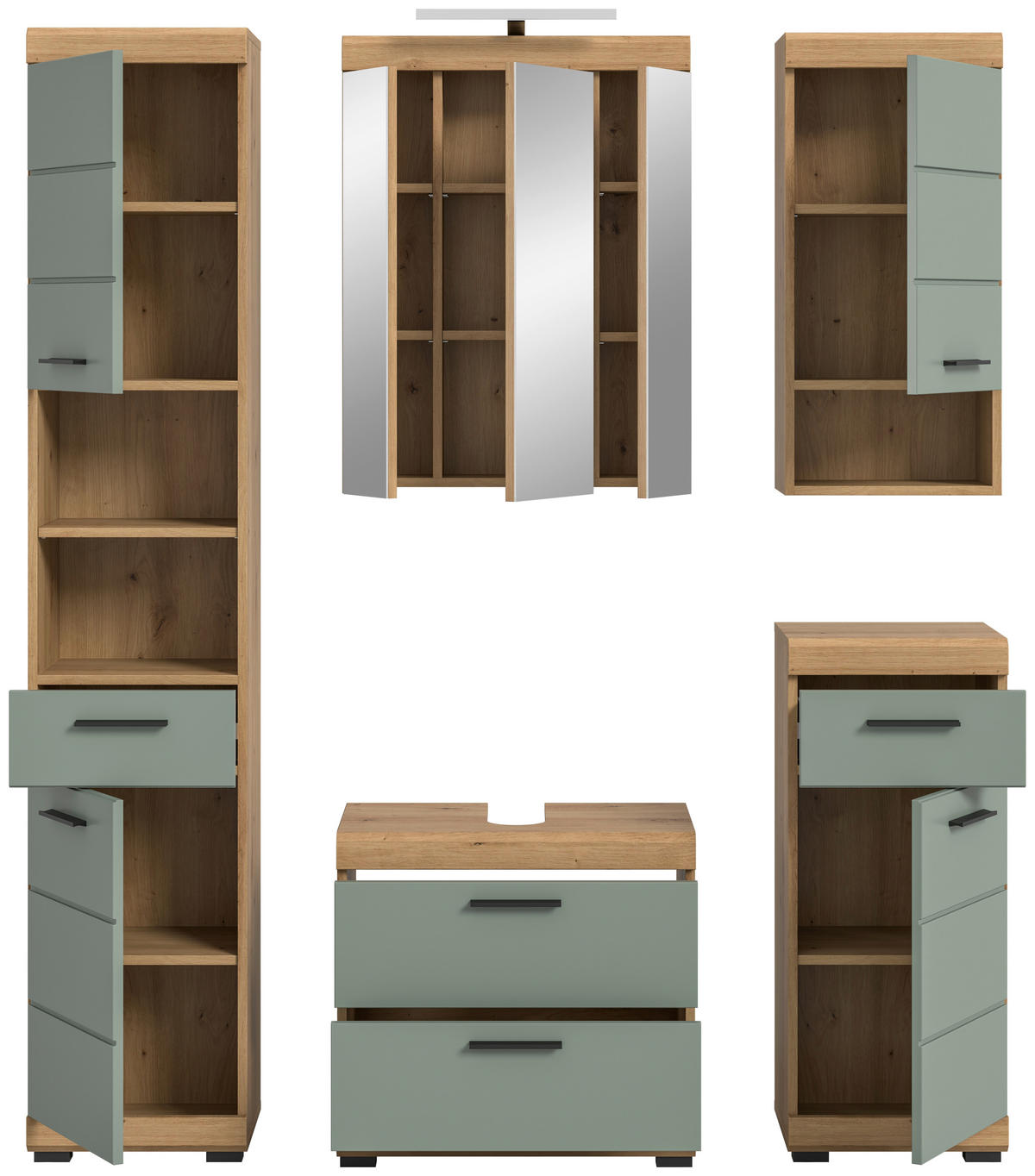 BADEZIMMER 5-teilig  in 134 cm  - Salbeigrün/Schwarz, MODERN, Glas/Holzwerkstoff (134cm) - MID.YOU