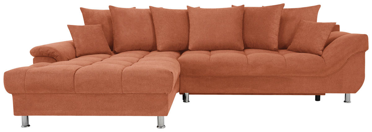 ECKSOFA Cognac Flachgewebe, Mikrofaser  - Chromfarben/Cognac, Design, Kunststoff/Textil (198/312cm) - Livetastic