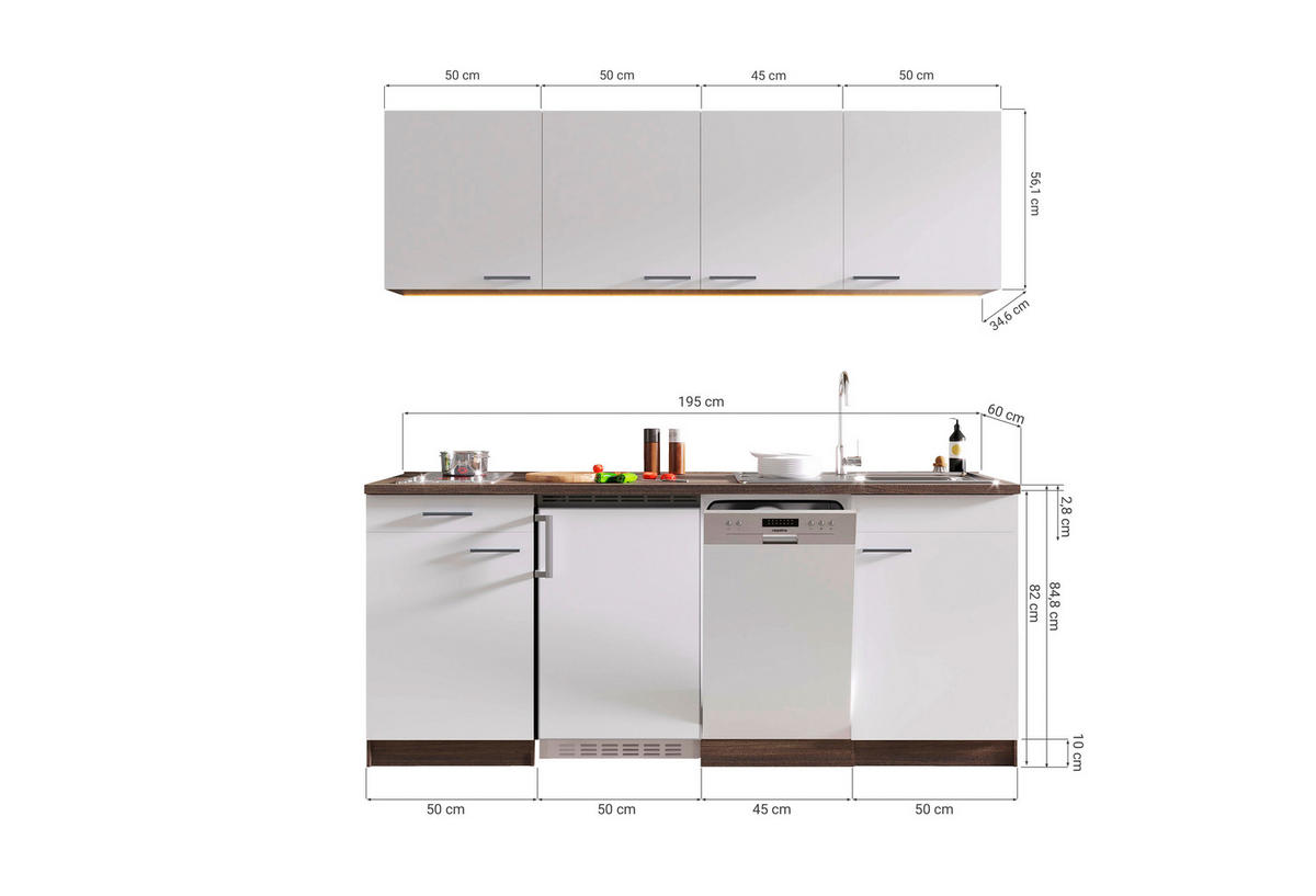 MODULKÖK 195 cm   i vit, ekfärgad  - vit/ekfärgad, Basics, trämaterial (195cm) - Respekta