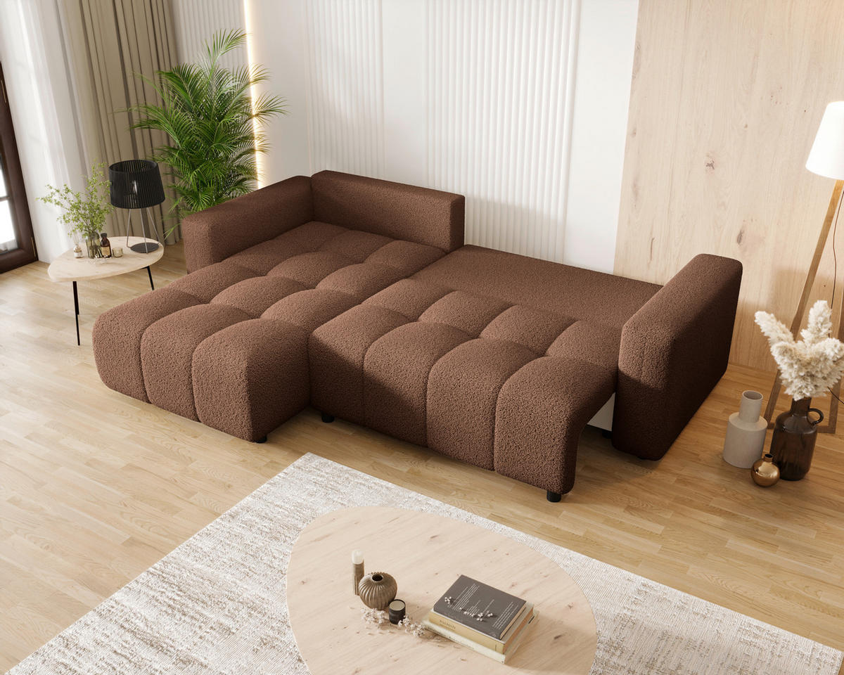 ECKSOFA Rostfarben Bouclé Zierkissen, Rückenkissen, Bettkasten, Schlaffunktion, Rücken echt, Liegefläche im Originalstoff  - Rostfarben/Schwarz, MODERN, Kunststoff/Textil (190/280cm) - Carryhome