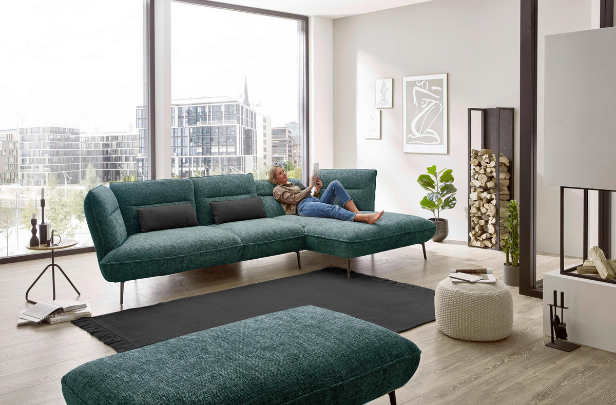 ECKSOFA in Flachgewebe Blau, Grün  - Blau/Schwarz, Design, Textil/Metall (339/153cm) - Moderano