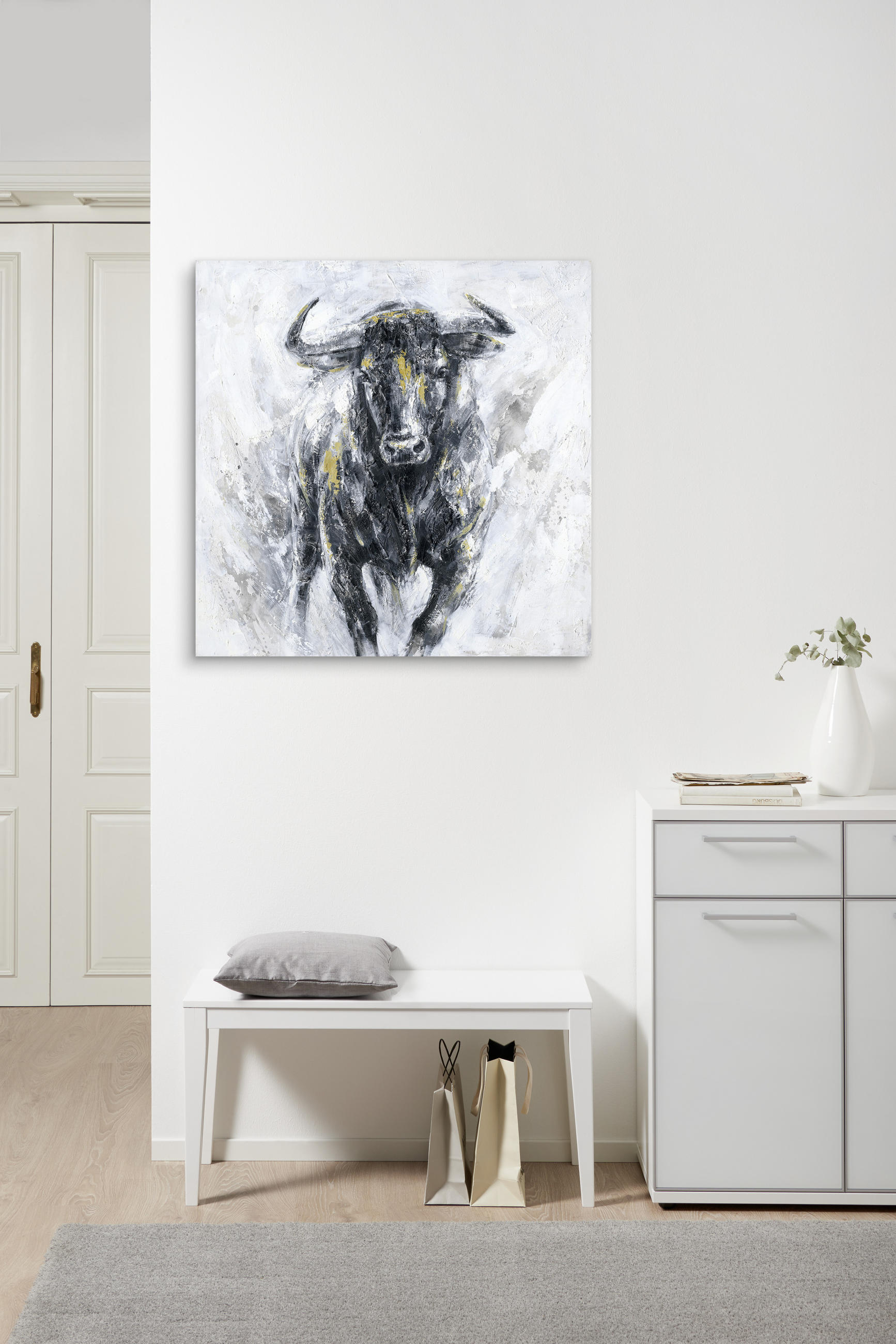 Thumbnail - Monee Ölgemälde, Schwarz, Weiß, Gold, Holz, Kunststoff, Textil, Kiefer, vollmassiv, quadratisch, 85x85 cm, handgemalt, K...