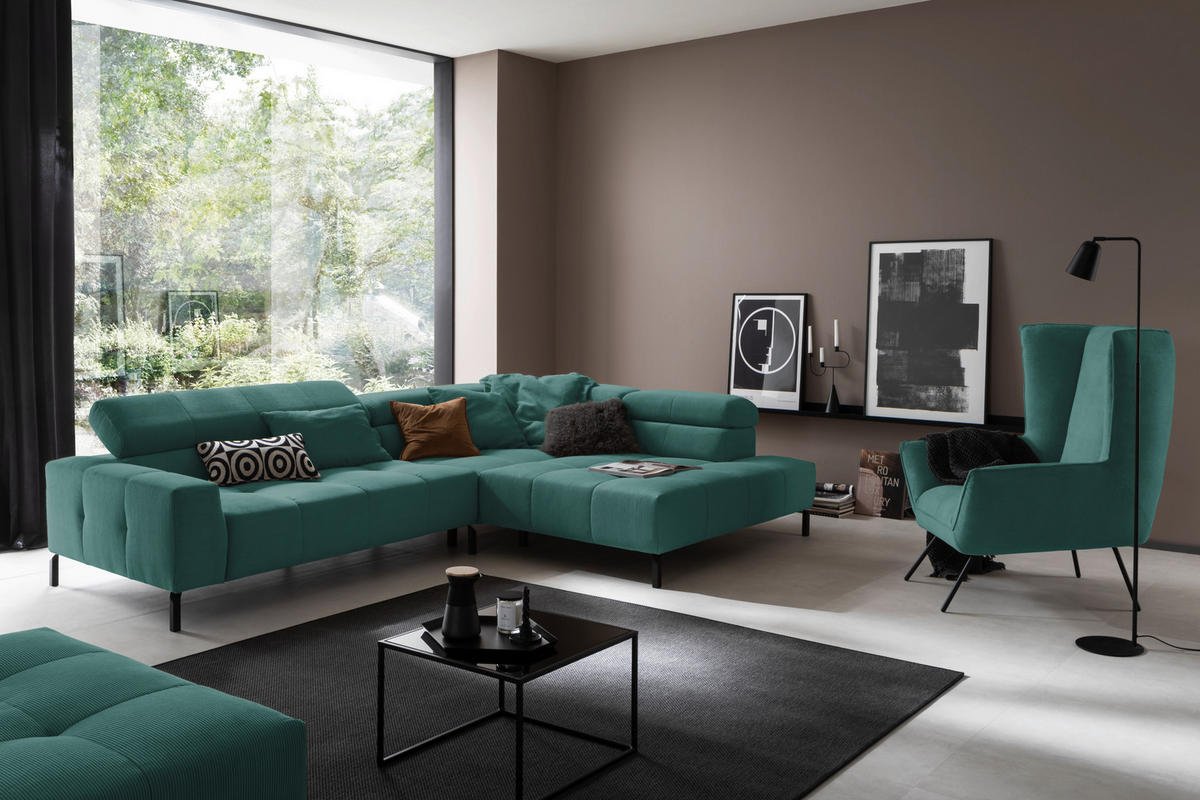 ECKSOFA in Feincord Grün  - Schwarz/Grün, Konventionell, Textil/Metall (311/219cm) - Hom`in