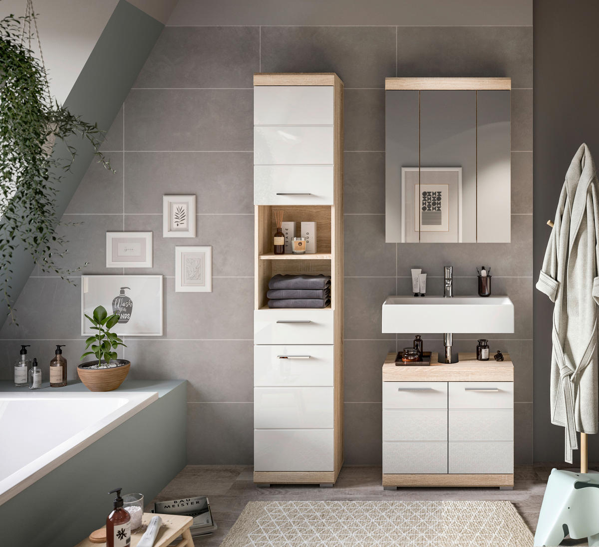 BADEZIMMER 3-teilig  in 97 cm  - Weiß Hochglanz/Silberfarben, MODERN, Glas/Holzwerkstoff (97cm) - MID.YOU