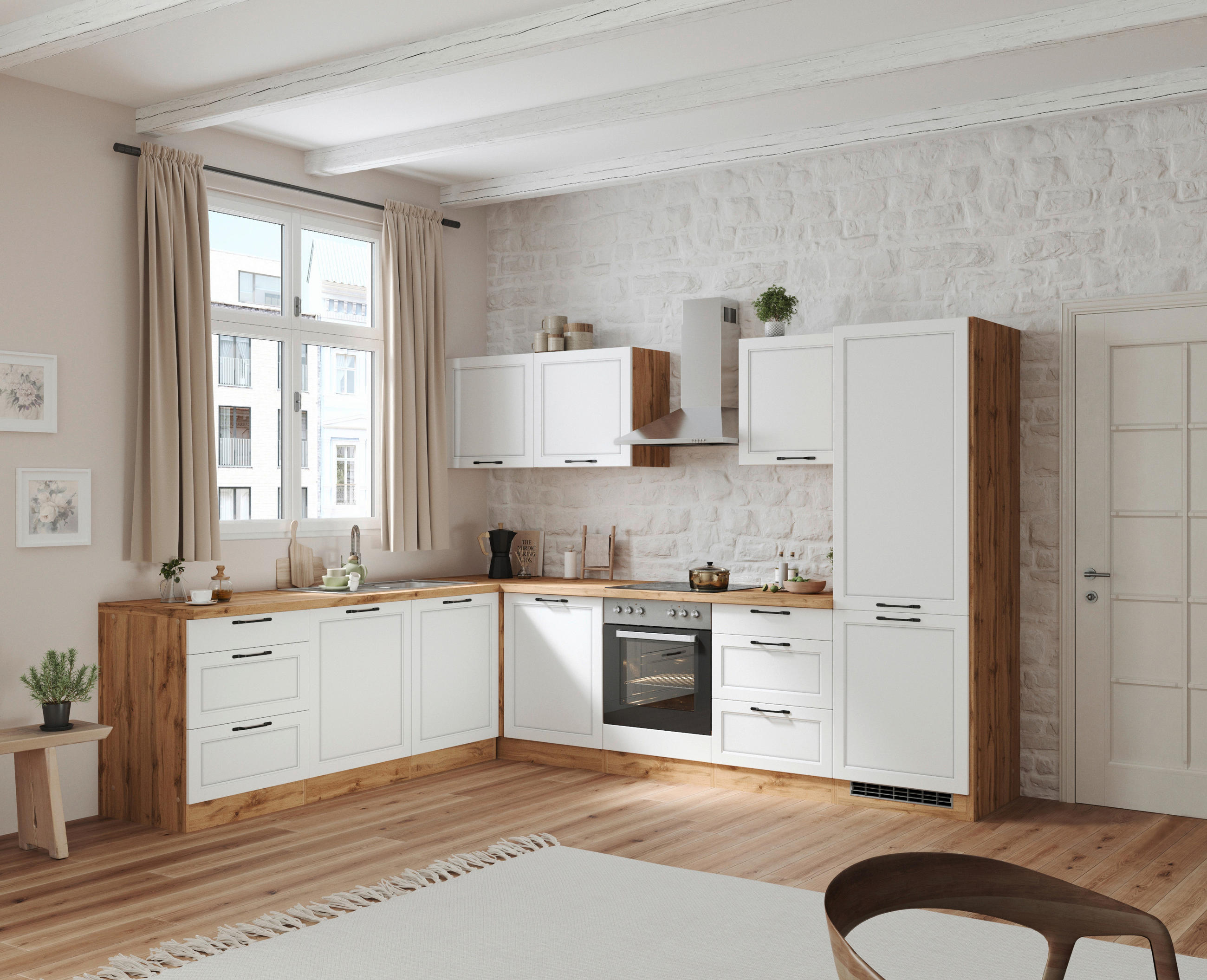 Eckküche Meran ohne Geräte 240x300 cm Weiß/Eiche Dekor