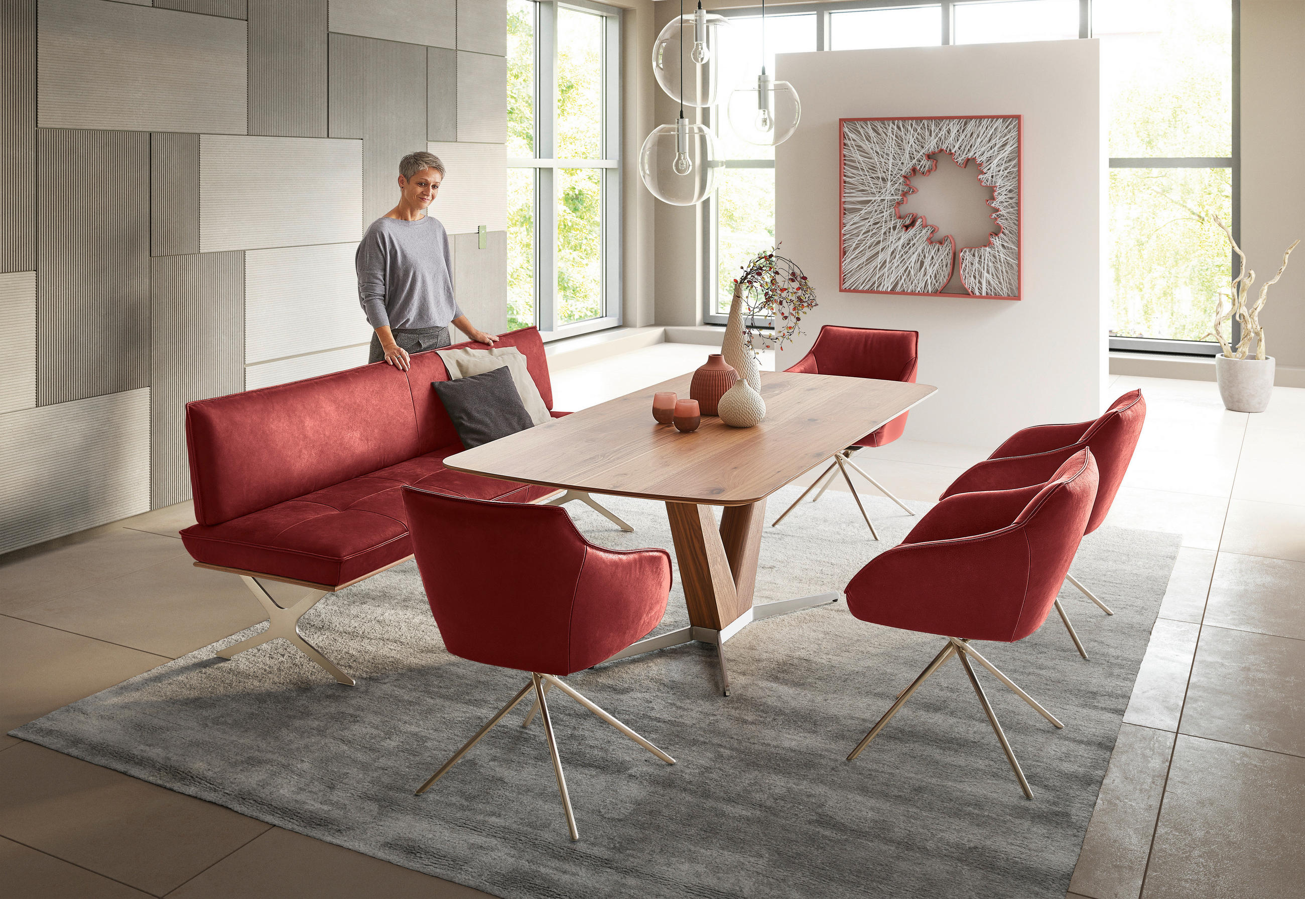 SITZBANK 214/88/66 cm  in Rot, Edelstahlfarben  - Edelstahlfarben/Rot, Design, Leder/Holz (214/88/66cm) - Koinor