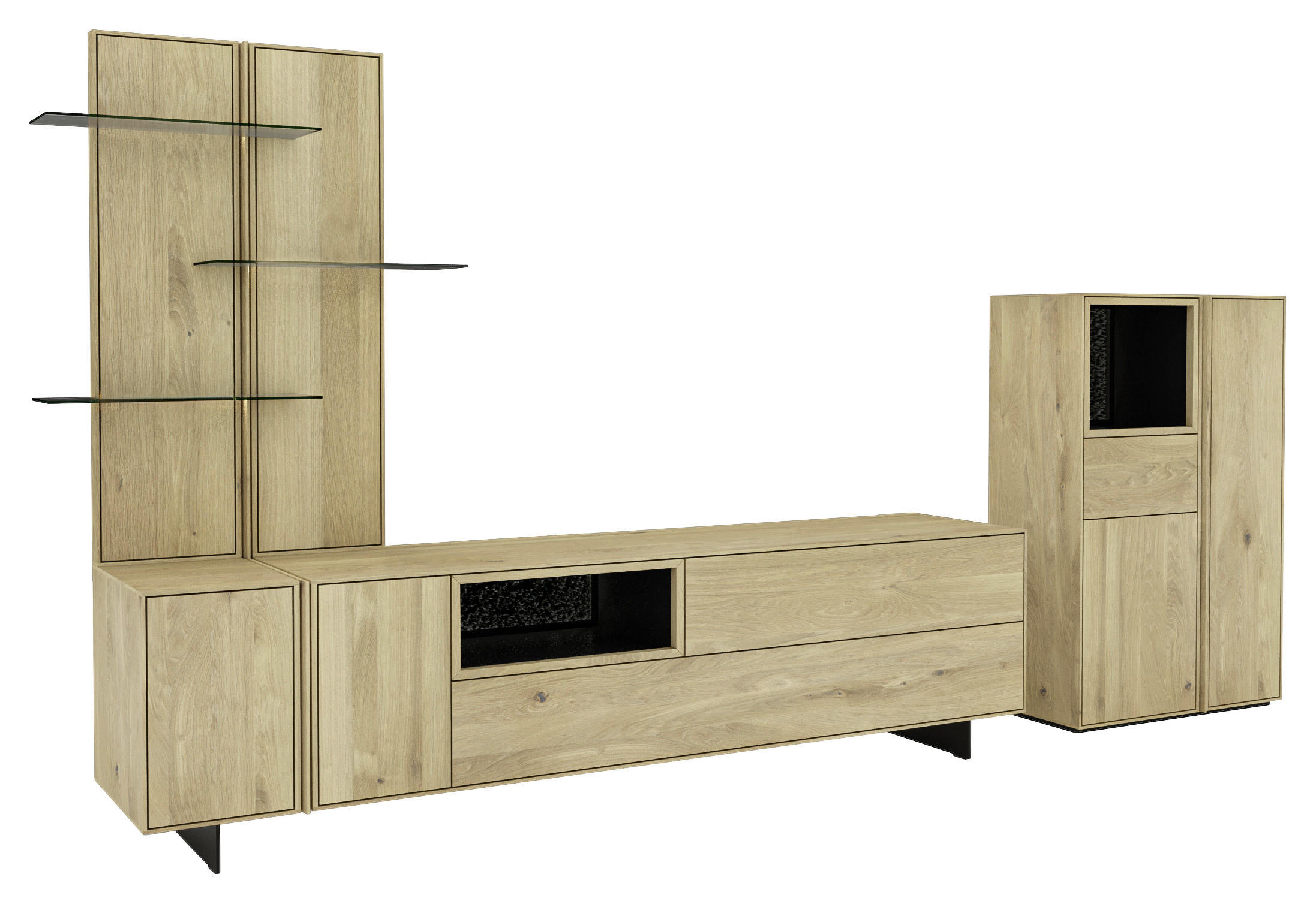 WOHNWAND  Eichefarben 347/182,8/50 cm  - Eichefarben/Schwarz, Natur, Glas/Leder (347/182,8/50cm) - Cassando