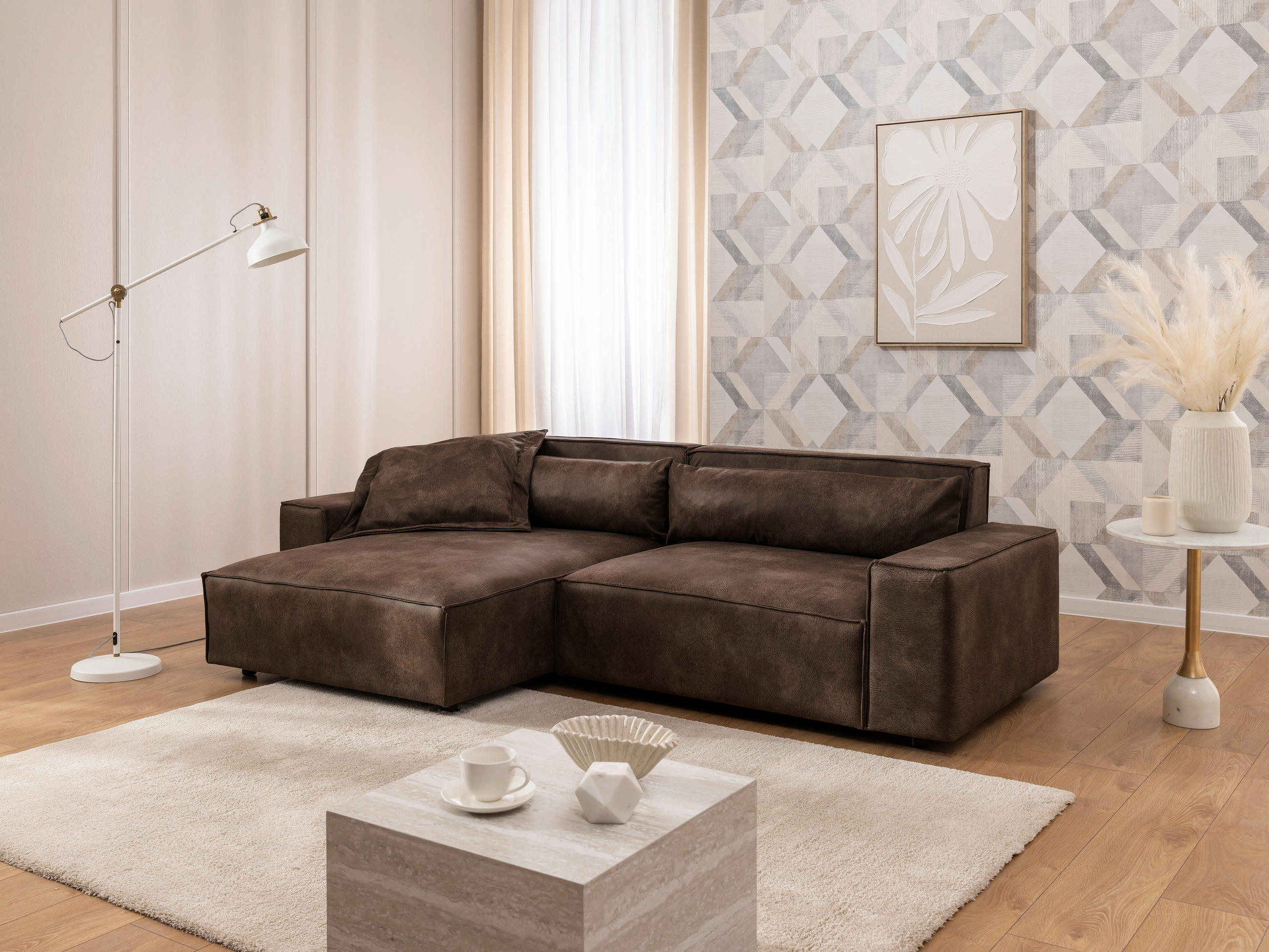 ECKSOFA Curduroy in Lederlook Braun Rückenkissen  251/142 cm  - Schwarz/Braun, Design, Kunststoff/Textil (251/142cm) - P & B