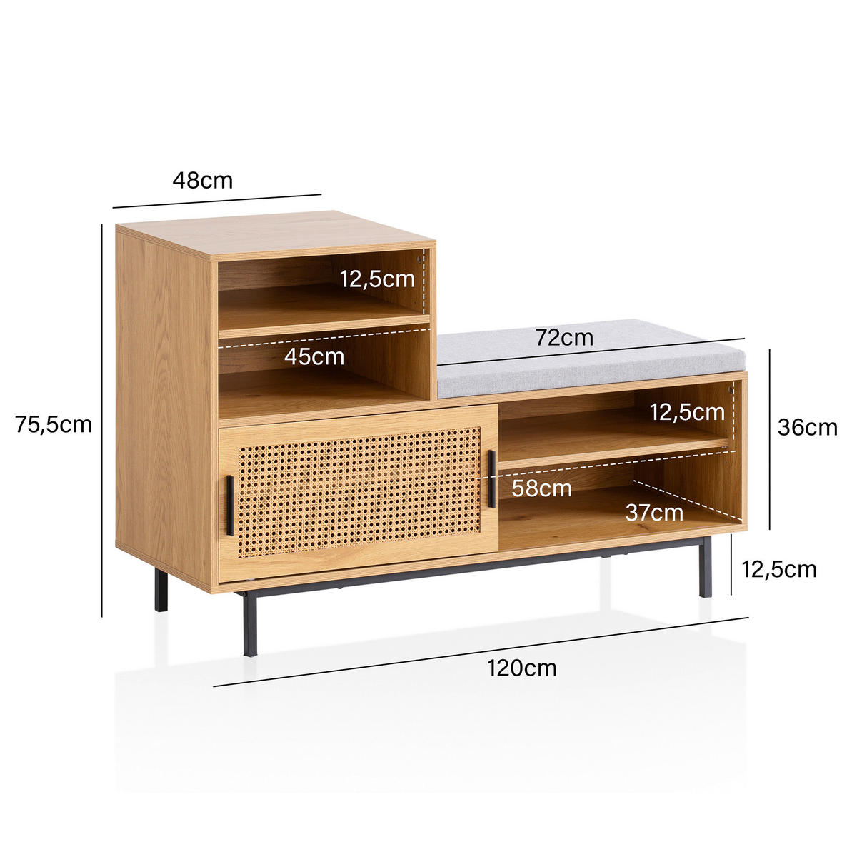 KLOP S PROSTOROM ZA ČEVLJE barve hrasta - črna/barve hrasta, Konvencionalno, kovina/leseni material (120/75,5/40cm) - Livetastic
