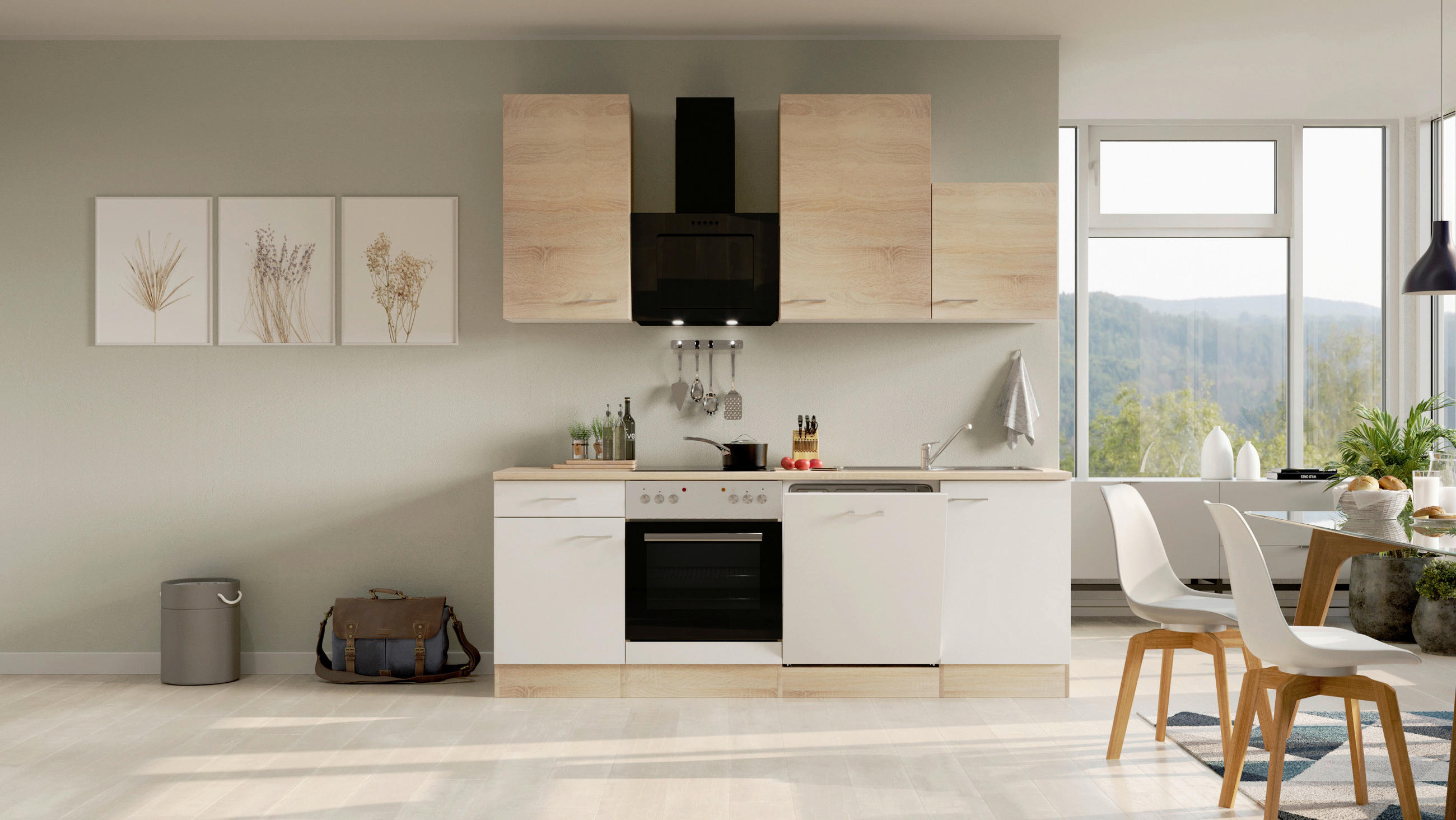 KÜCHENBLOCK 220 cm in Weiß, Sonoma Eiche - Alufarben/Weiß, MODERN, Holzwerkstoff/Kunststoff (220cm) - FlexWell