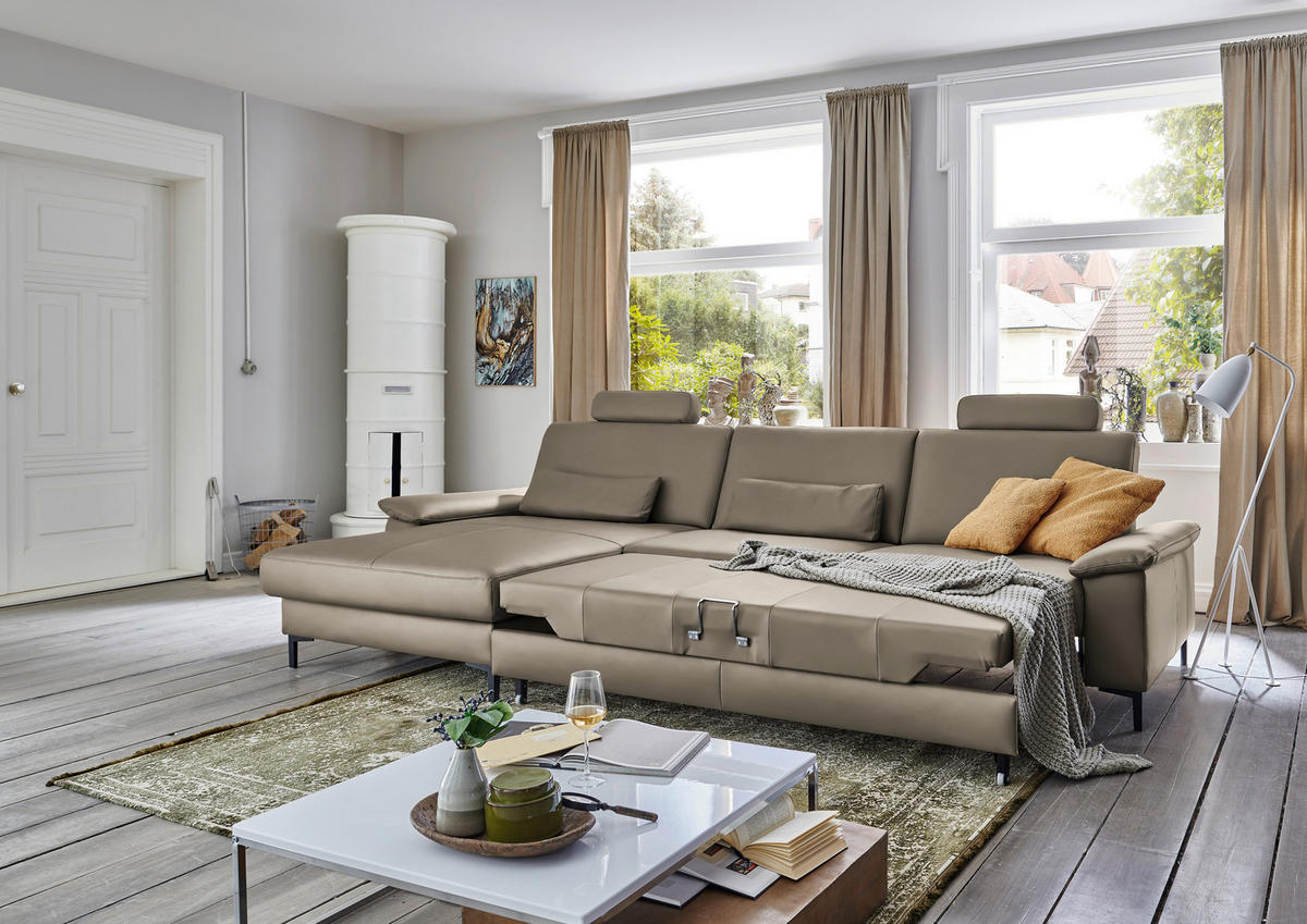 ECKSOFA in Echtleder Graubraun  - Graubraun/Schwarz, Design, Leder/Metall (176/334cm) - Dieter Knoll