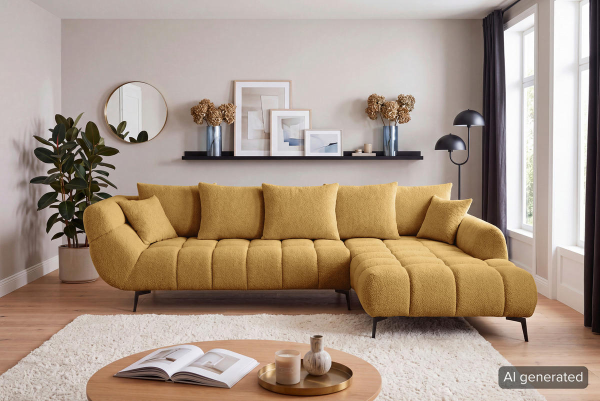 ECKSOFA 318/217 cm  in Bouclé Currygelb Zierkissen, Rückenkissen, Rücken echt  318/217 cm  - Currygelb/Schwarz, MODERN, Textil/Metall (318/217cm) - Carryhome