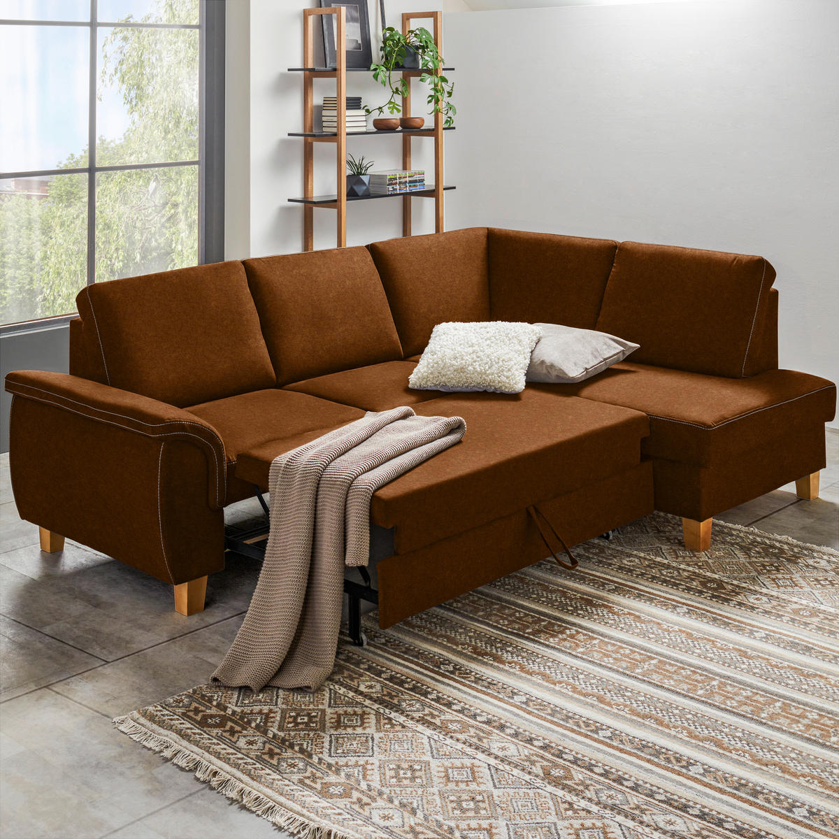ECKSOFA in Flachgewebe Bernsteinfarben  - Eichefarben/Bernsteinfarben, Design, Holz/Textil (253/185cm) - Cantus