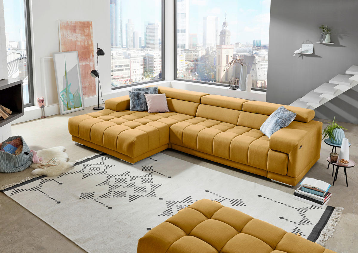 ECKSOFA in Mikrofaser Currygelb  - Currygelb/Silberfarben, Design, Textil/Metall (190/335cm) - Beldomo Speed