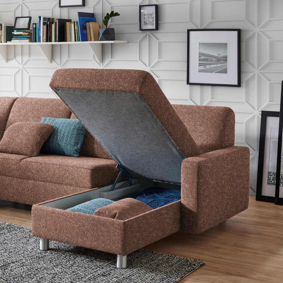 WOHNLANDSCHAFT  in Mikrovelours Terracotta  - Terracotta/Alufarben, KONVENTIONELL, Kunststoff/Textil (236/322/158cm) - Sedda