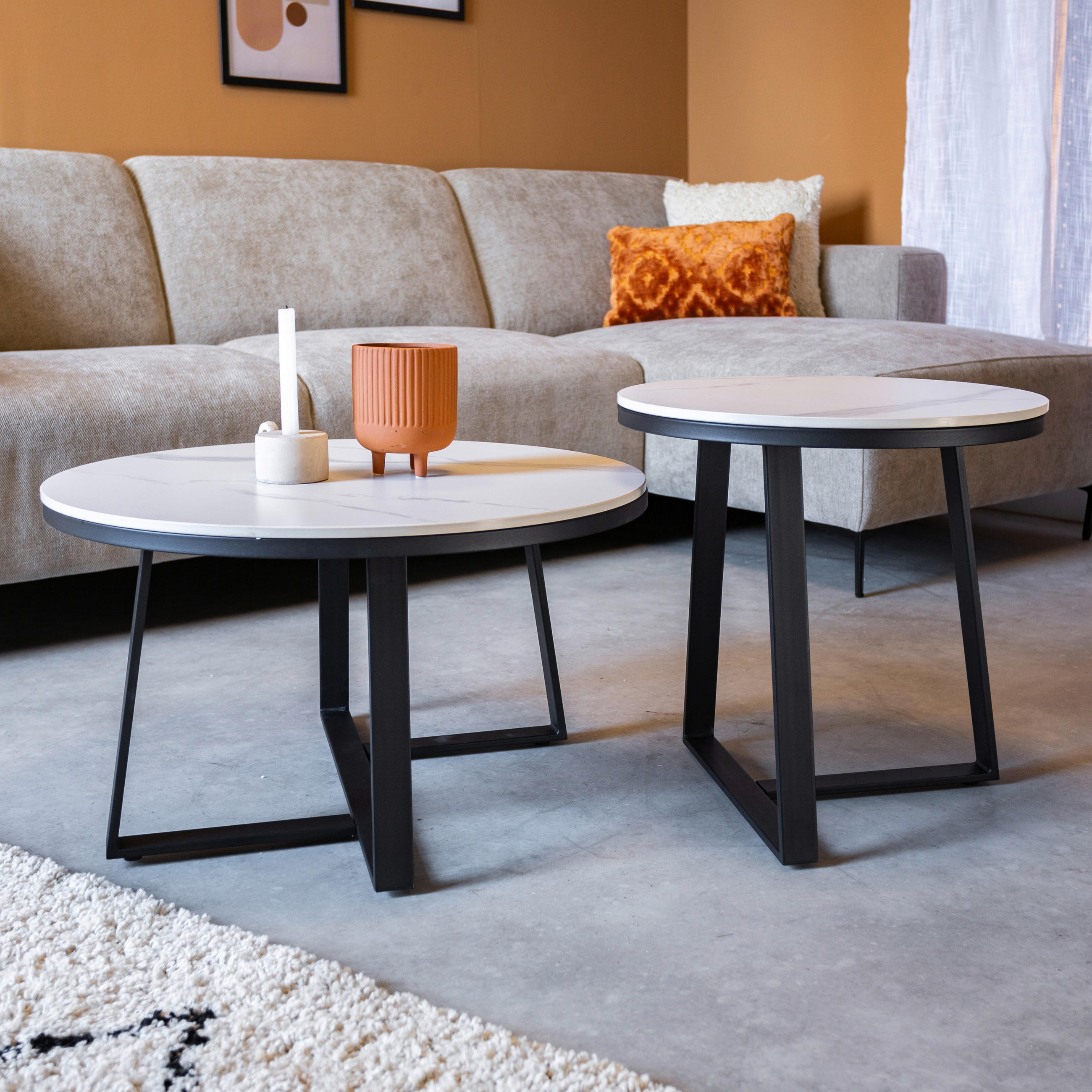 COUCHTISCHSET rund Weiß  - Schwarz/Weiß, KONVENTIONELL, Stein/Metall (69/69/39,5cm) - MID.YOU