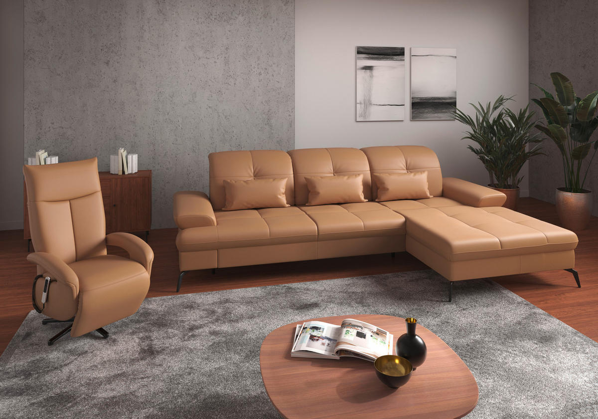 ECKSOFA Cappuccino Kombination Echtleder/Stoff Vliesstoff  - Schwarz/Cappuccino, KONVENTIONELL, Leder/Textil (279/185cm) - Sit & More