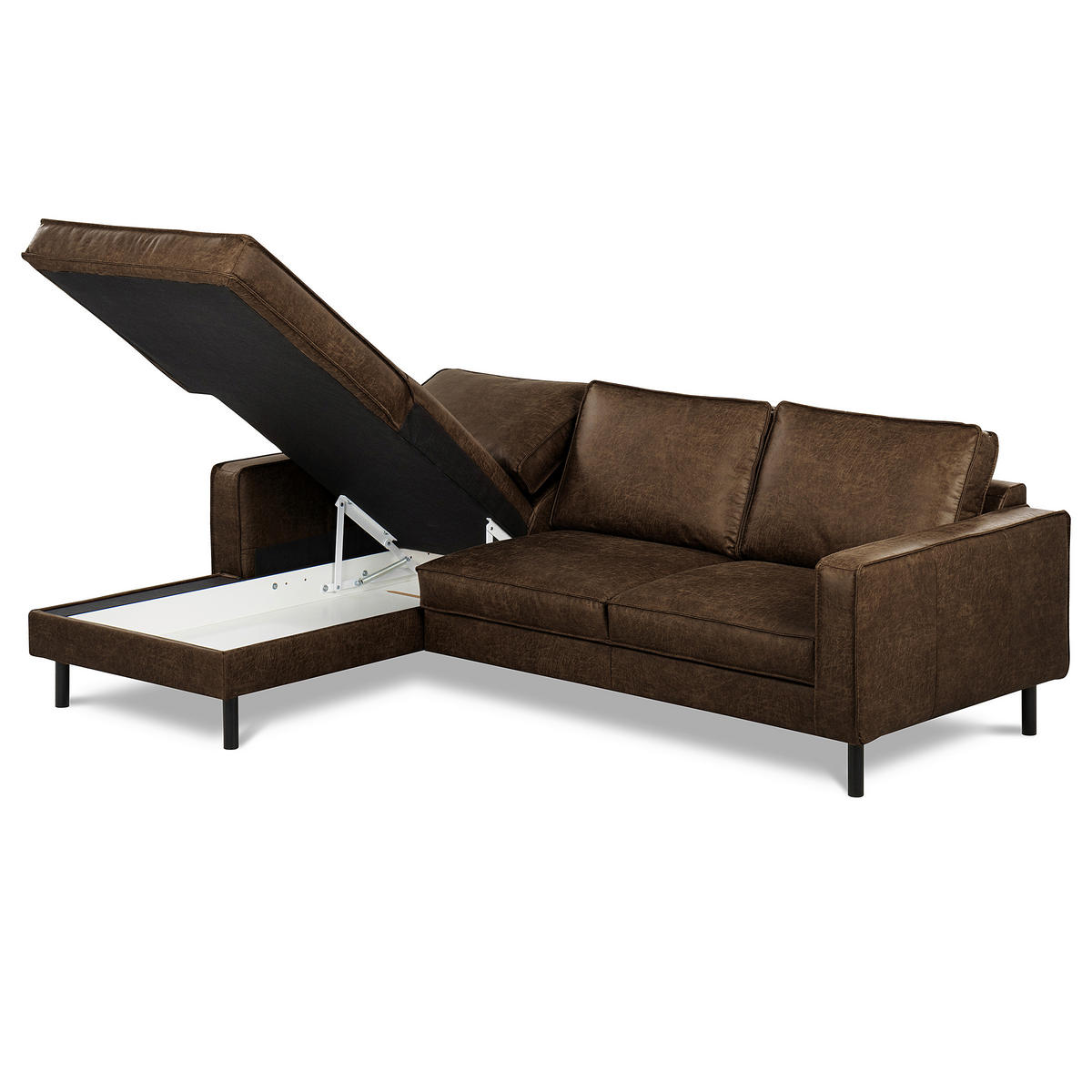 ECKSOFA Dunkelbraun Echtleder Lederlook Bettkasten, Schlaffunktion, Rücken echt  - Dunkelbraun/Schwarz, Design, Leder/Textil (166/238cm) - Livetastic