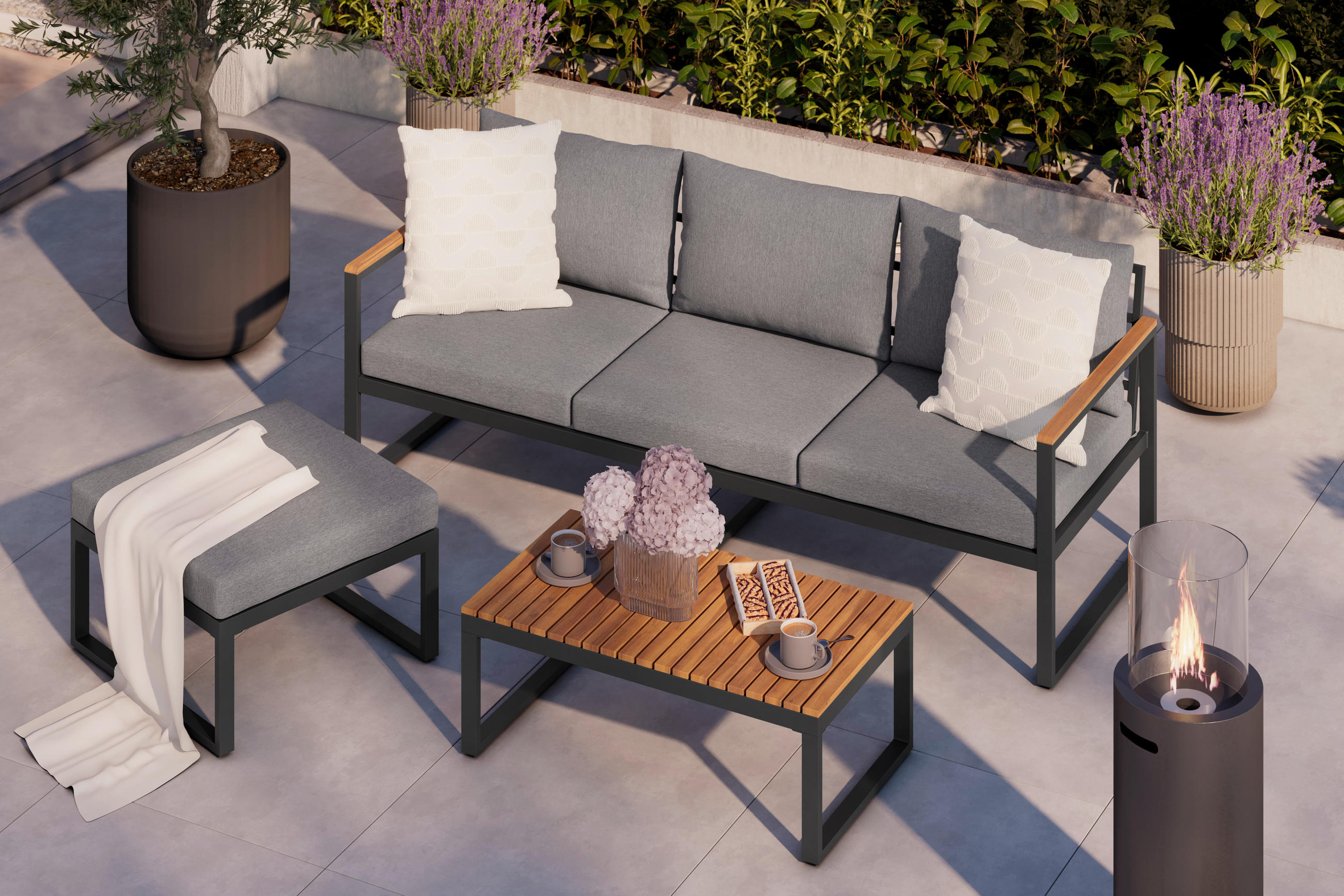 LOUNGEGARNITUR 3-teilig   Akazie Stahl  - Weiß/Grau, MODERN, Holz/Textil - Beldano