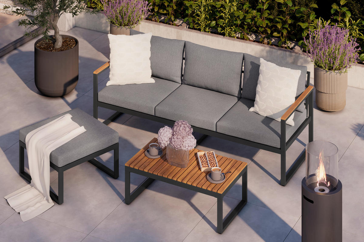 LOUNGEGARNITUR 3-teilig   Akazie Stahl  - Weiß/Grau, MODERN, Holz/Textil - Beldano