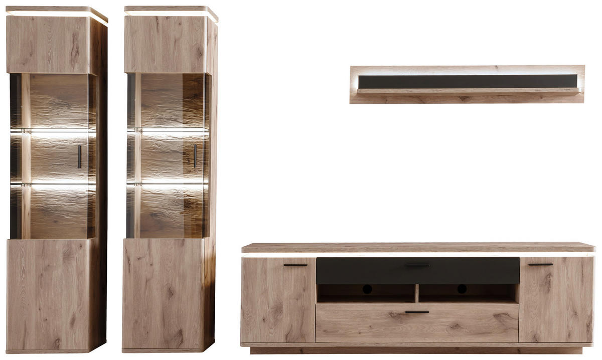 WOHNWAND  in Anthrazit, Eiche dunkel  330/208/50 cm  - Eiche dunkel/Anthrazit, KONVENTIONELL, Glas/Holzwerkstoff (330/208/50cm) - Cantus