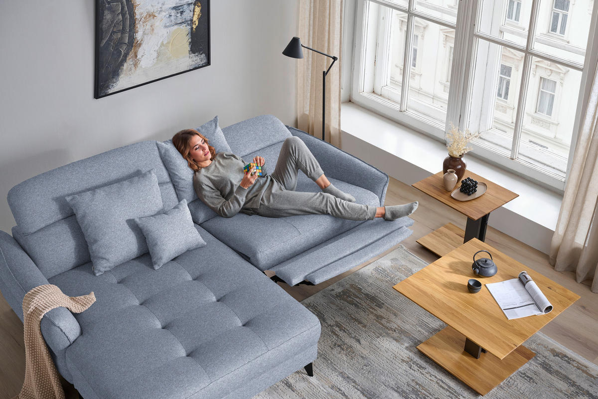 ECKSOFA MANTA in Flachgewebe Hellblau Bettkasten, Rücken echt, Relaxfunktion, Kopfteilverstellung  175/246 cm  - Schwarz/Hellblau, Design, Textil/Metall (175/246cm) - Celina