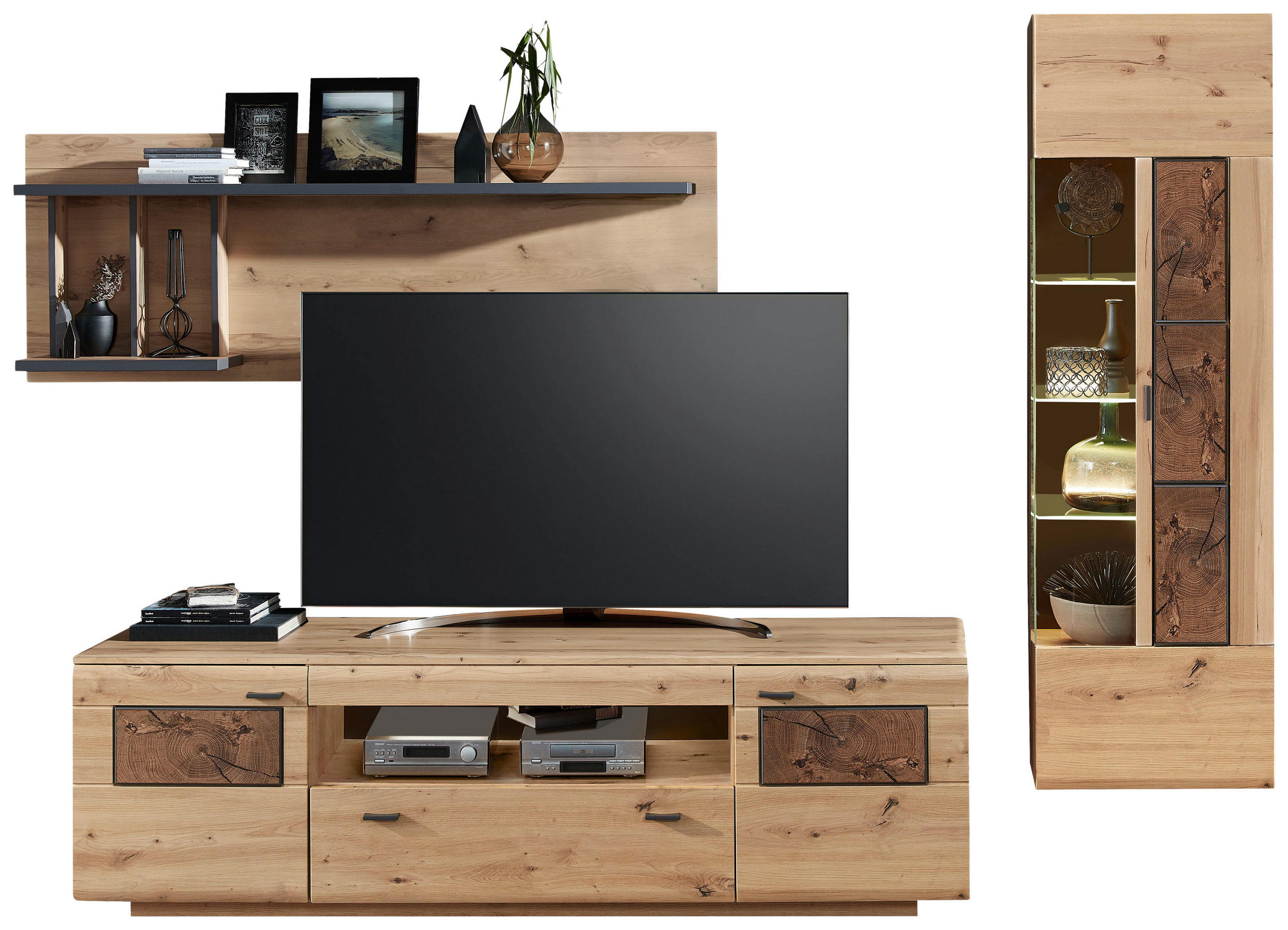 WOHNWAND  in Graphitfarben, Eichefarben, Eiche Artisan  285/193/47 cm  - Eichefarben/Graphitfarben, MODERN, Glas/Holzwerkstoff (285/193/47cm) - Livetastic