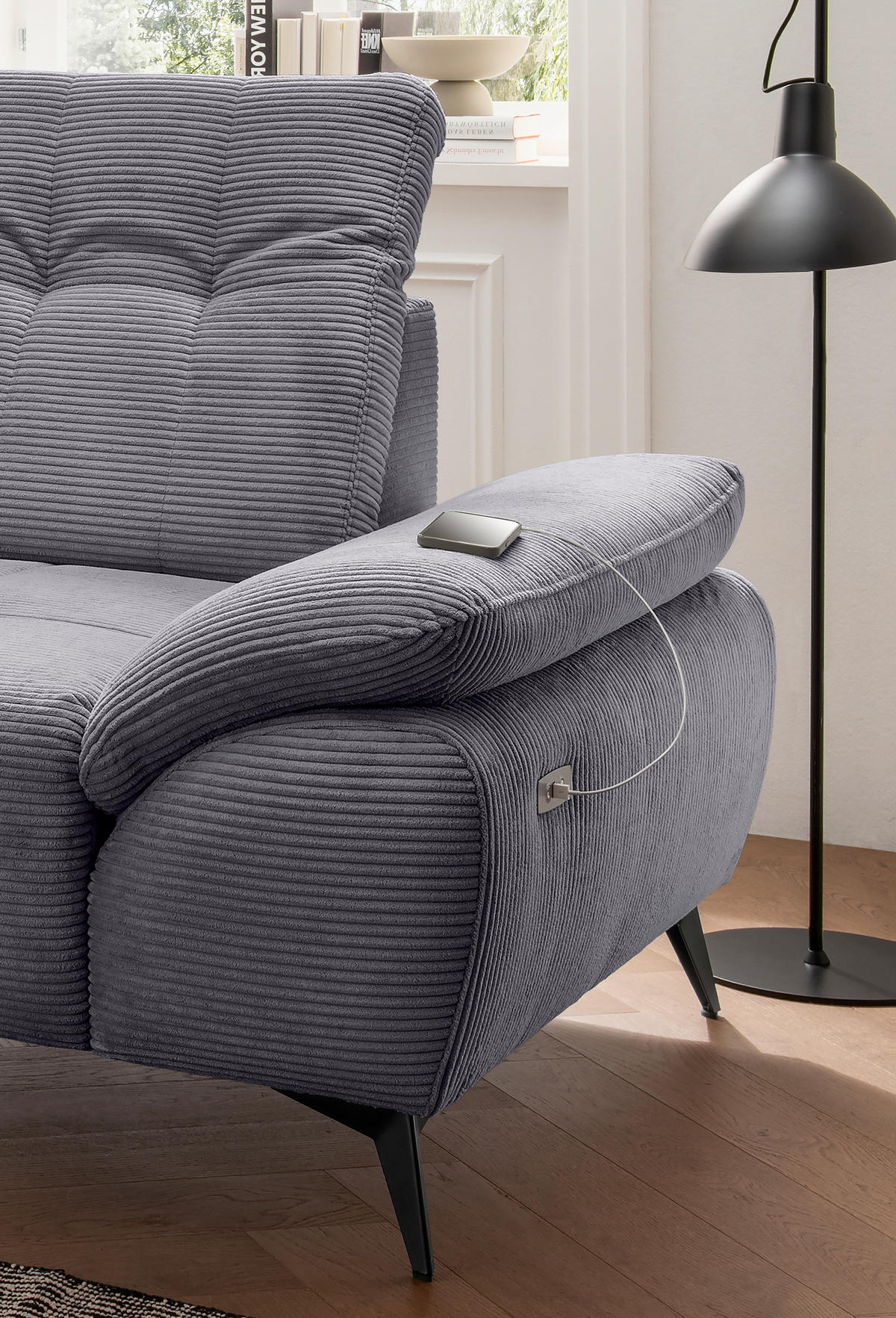 ECKSOFA FIORE in Cord Grau Kopfteilverstellung, Sitzvorzug  180/280 cm  - Schwarz/Grau, MODERN, Textil/Metall (180/280cm) - Livetastic