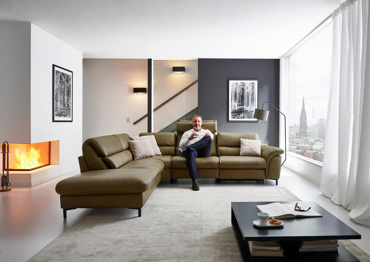 ECKSOFA inkl. Funktionen Valdera Schlammfarben Echtleder  - Schlammfarben/Schwarz, Design, Leder/Metall (246/280cm) - Hukla