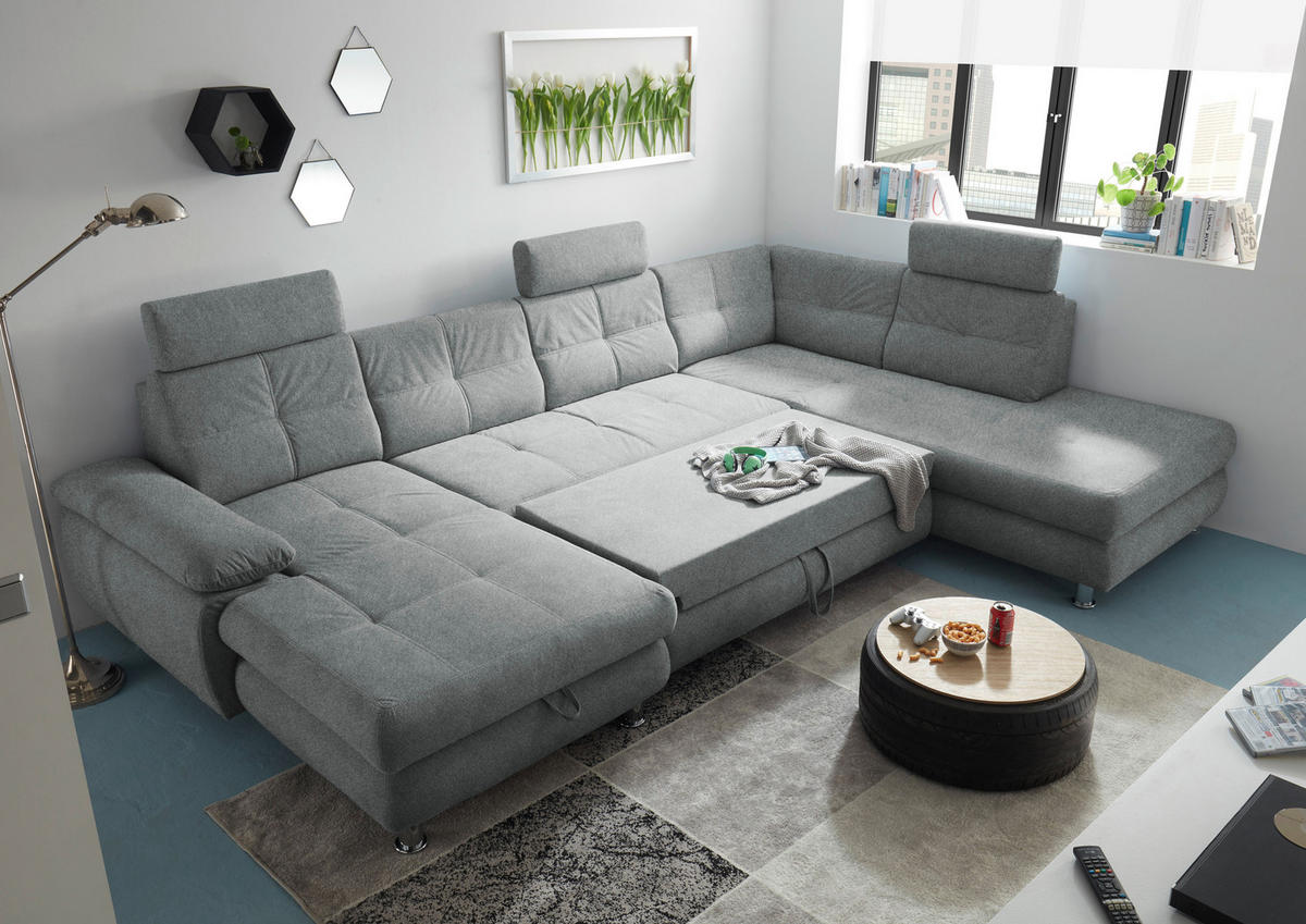 WOHNLANDSCHAFT Hellgrau Webstoff  - Hellgrau, MODERN, Kunststoff/Textil (177/349/233cm) - MID.YOU