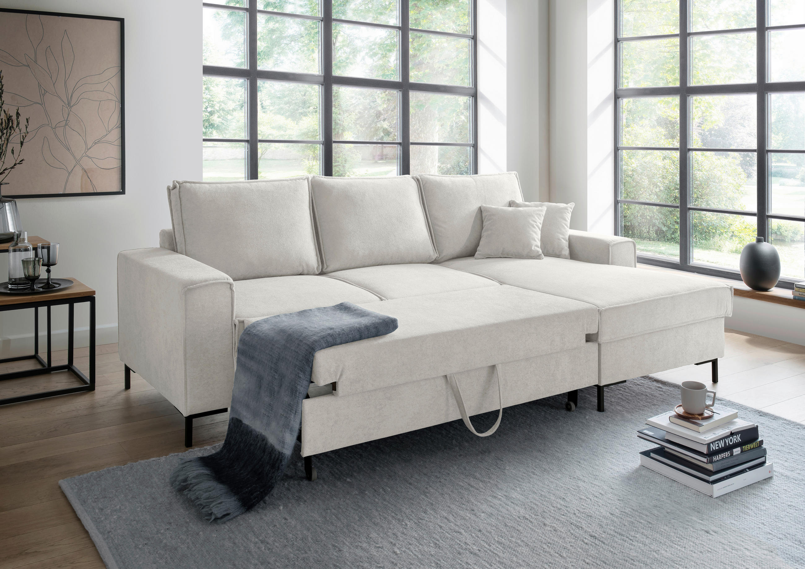 ROHOVÁ SEDACIA SÚPRAVA, textil, béžová - čierna/béžová, Modern, kov/textil (240/150cm) - Livetastic