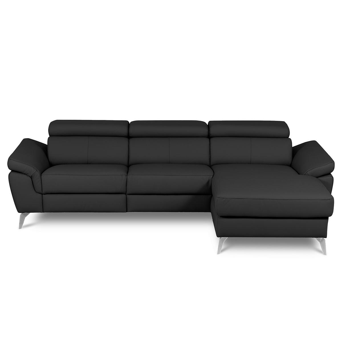 ECKSOFA SONO Schwarz Echtleder Lederlook Armteilverstellung, Kopfteilverstellung  - Chromfarben/Schwarz, Design, Leder/Textil (252/179cm) - Livetastic