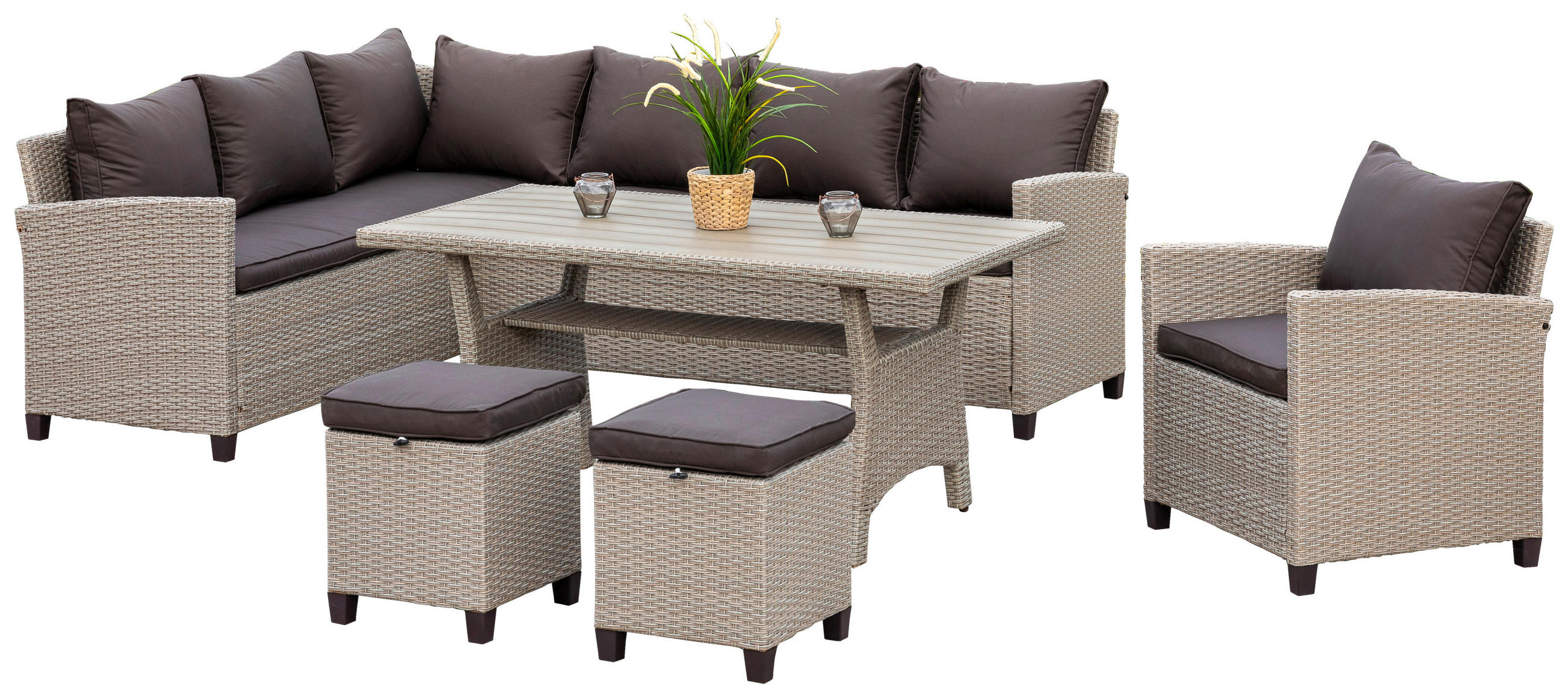 LOUNGEGARNITUR 239/170 cm Stahl  - Dunkelbraun/Naturfarben, KONVENTIONELL, Kunststoff/Textil (239/170cm) - Gardenson