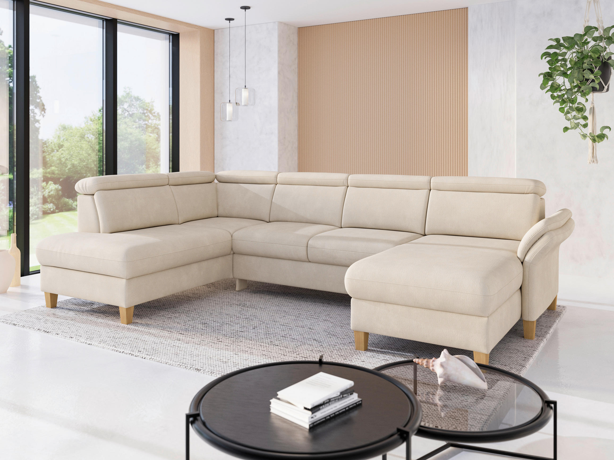 WOHNLANDSCHAFT GLENDALE E Sandfarben Chenille  - Sandfarben/Eichefarben, KONVENTIONELL, Holz/Textil (193/321/166cm) - Sit & More