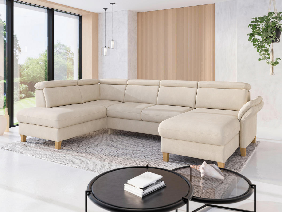 WOHNLANDSCHAFT GLENDALE E Sandfarben Chenille  - Sandfarben/Eichefarben, KONVENTIONELL, Holz/Textil (193/321/166cm) - Sit & More