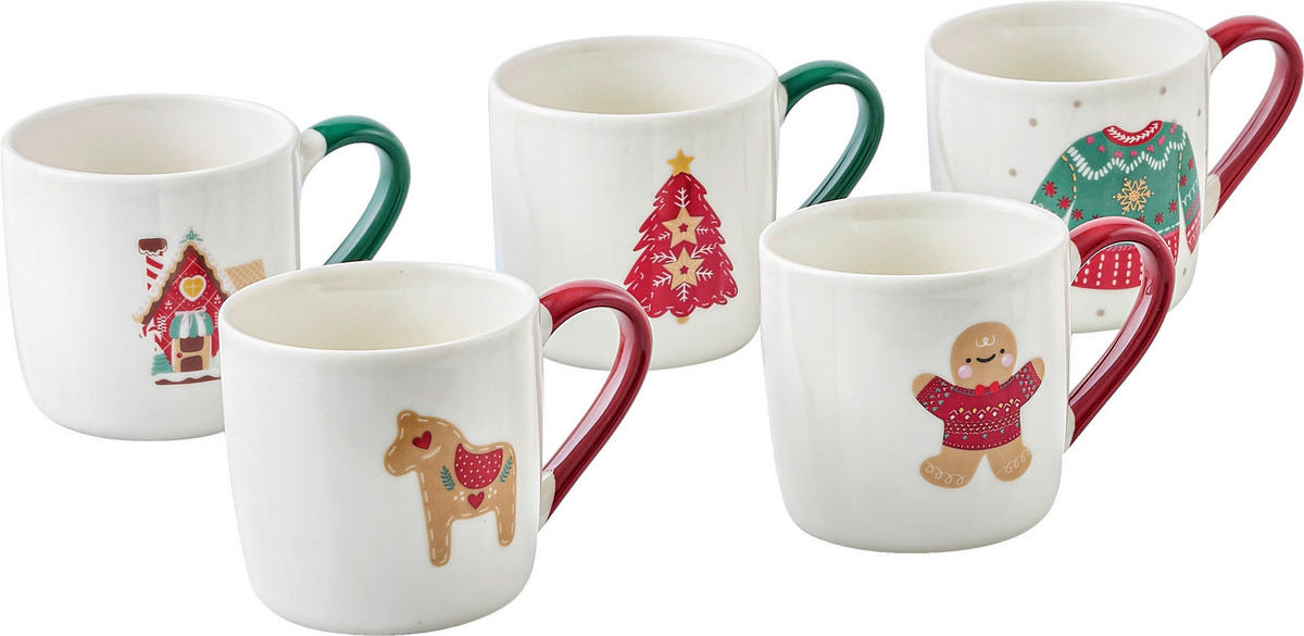KAFFEEBECHER  320 ml   - Rot/Weiß, Basics, Keramik - X-Mas