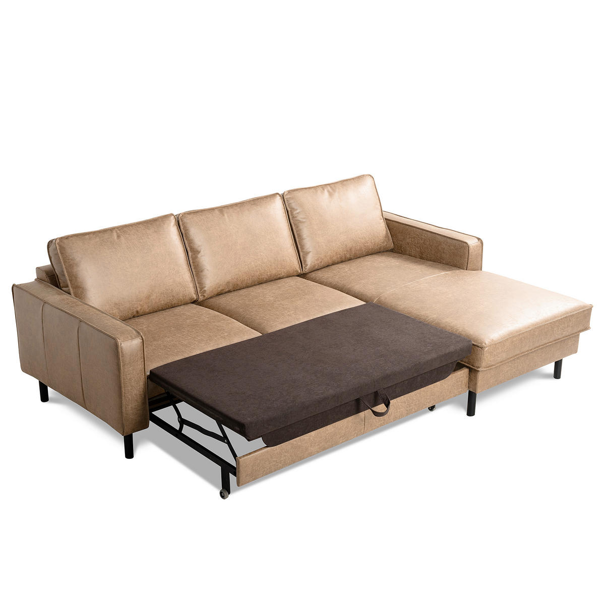 ECKSOFA Sandfarben Echtleder Lederlook Bettkasten, Schlaffunktion, Rücken echt  - Sandfarben/Schwarz, Design, Leder/Textil (166/238cm) - Livetastic