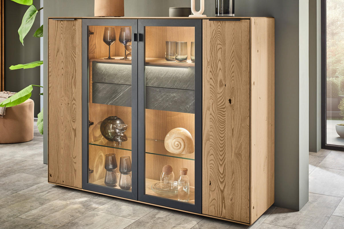 HIGHBOARD Anthrazit, Kastanienfarben  152/119,1/39,5 cm  - Kastanienfarben/Anthrazit, Natur, Glas/Holz (152/119,1/39,5cm) - Valnatura