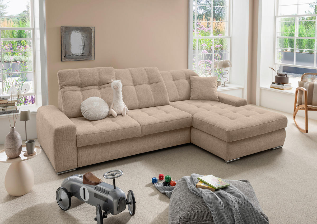 ECKSOFA FRIDO Hellbraun Chenille Rücken echt, Kopfteilverstellung, Sitztiefenverstellung  - Chromfarben/Hellbraun, KONVENTIONELL, Textil/Metall (283/186cm) - Livetastic
