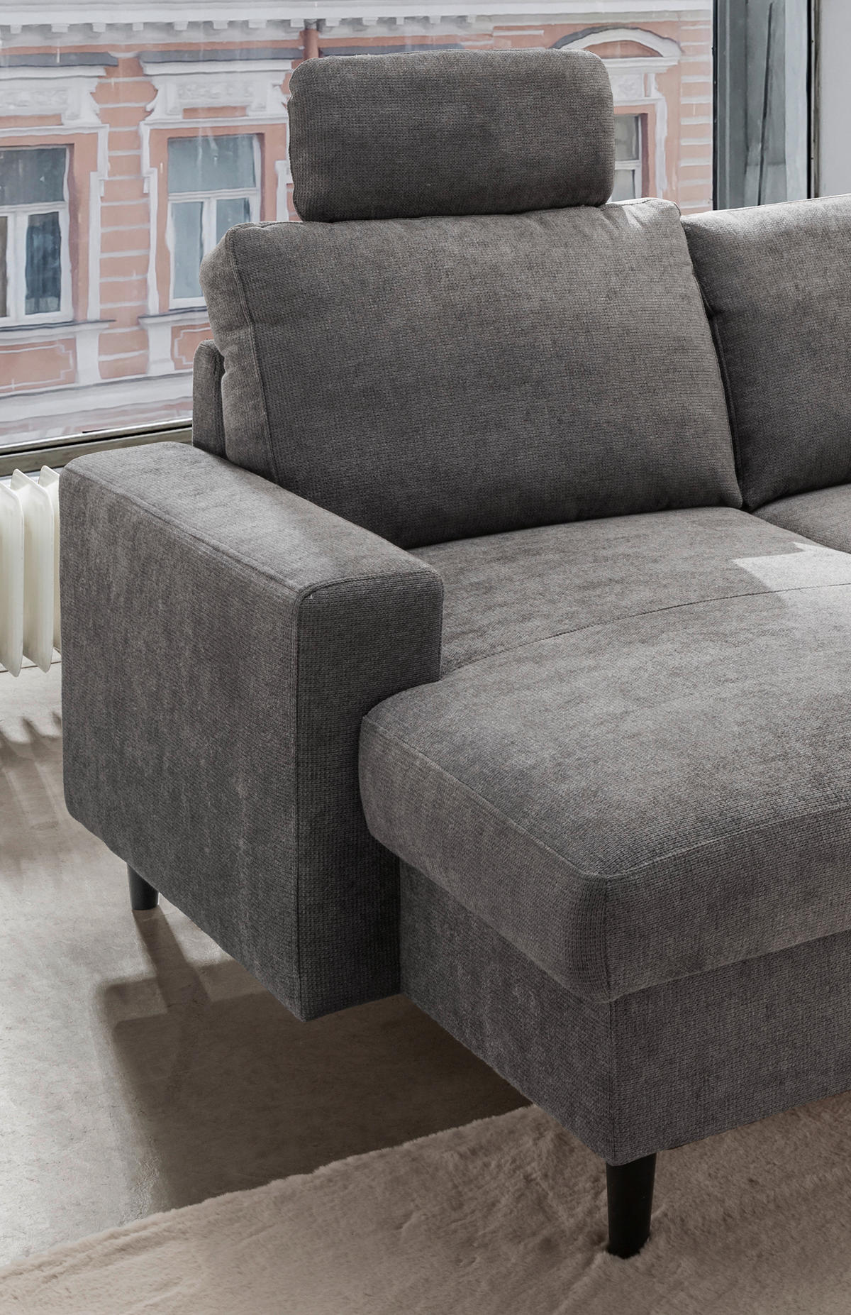 WOHNLANDSCHAFT in Chenille Dunkelgrau  - Dunkelgrau/Schwarz, Modern, Holz/Textil (153/305/200cm) - Livetastic