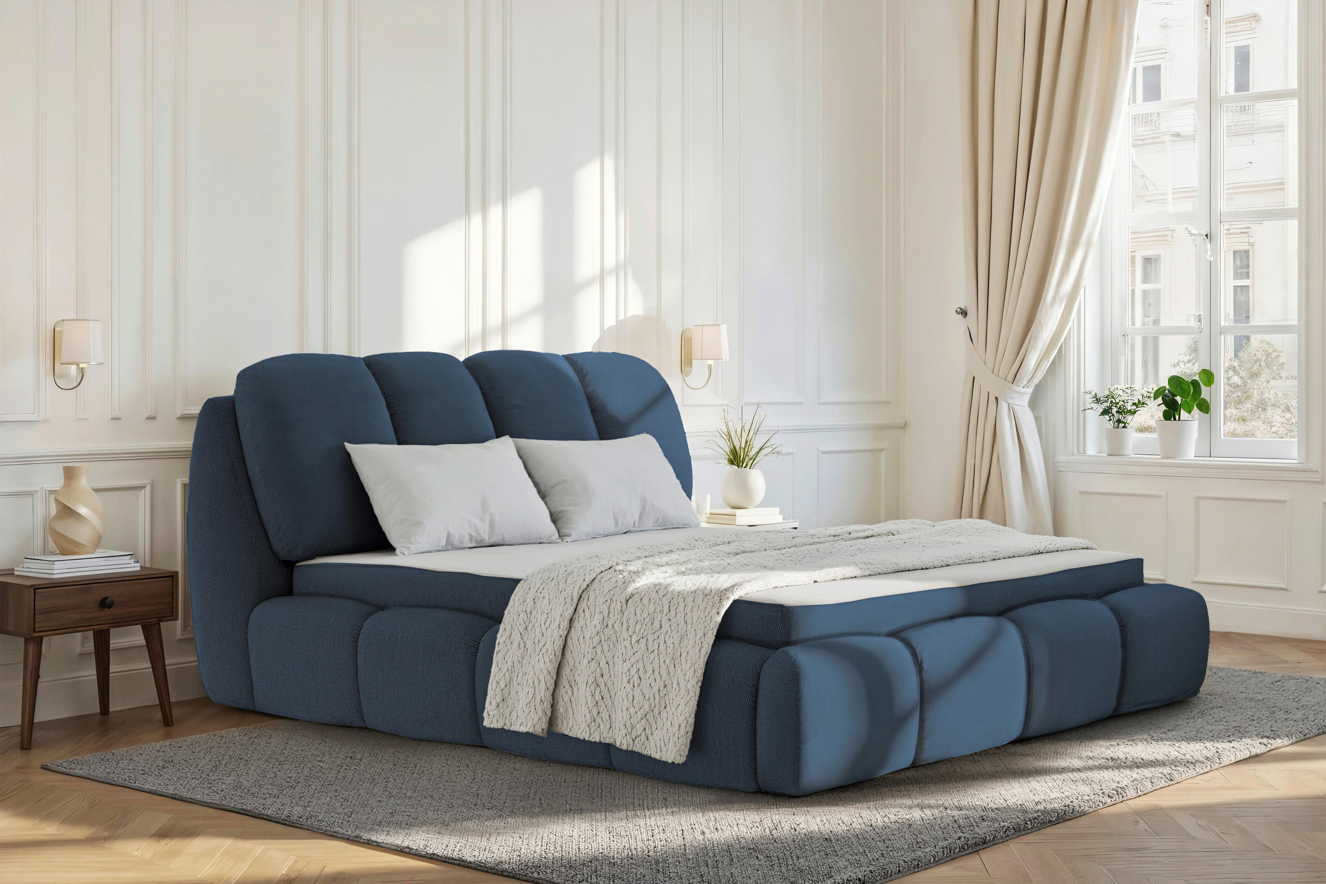 POLSTERBETT 140/200 cm,  in Blau, gepolstertes Kopfteil, Lattenrost, Bettkasten,  - Blau/Schwarz, Design, Holz/Kunststoff (140/200cm) - Chameo