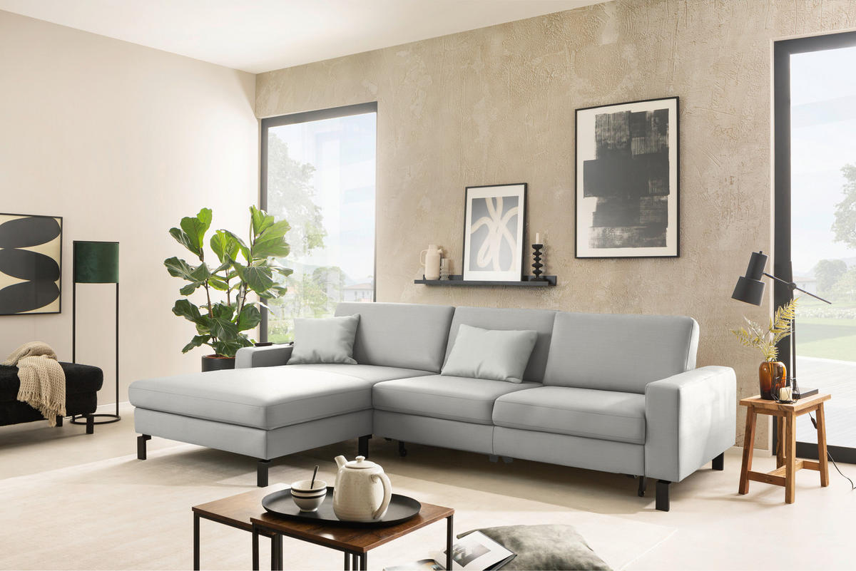 ECKSOFA  in Cord Greige Rücken echt, Sitztiefenverstellung  185/298 cm  - Greige/Schwarz, Design, Textil/Metall (185/298cm) - Pure Home Lifestyle