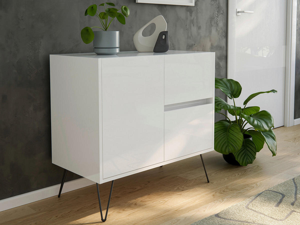 SIDEBOARD Posseik Industrial 79/75,8/42 cm 2 Schublade(n)  - Weiß Hochglanz/Schwarz, Design, Holzwerkstoff/Metall (79/75,8/42cm) - MID.YOU